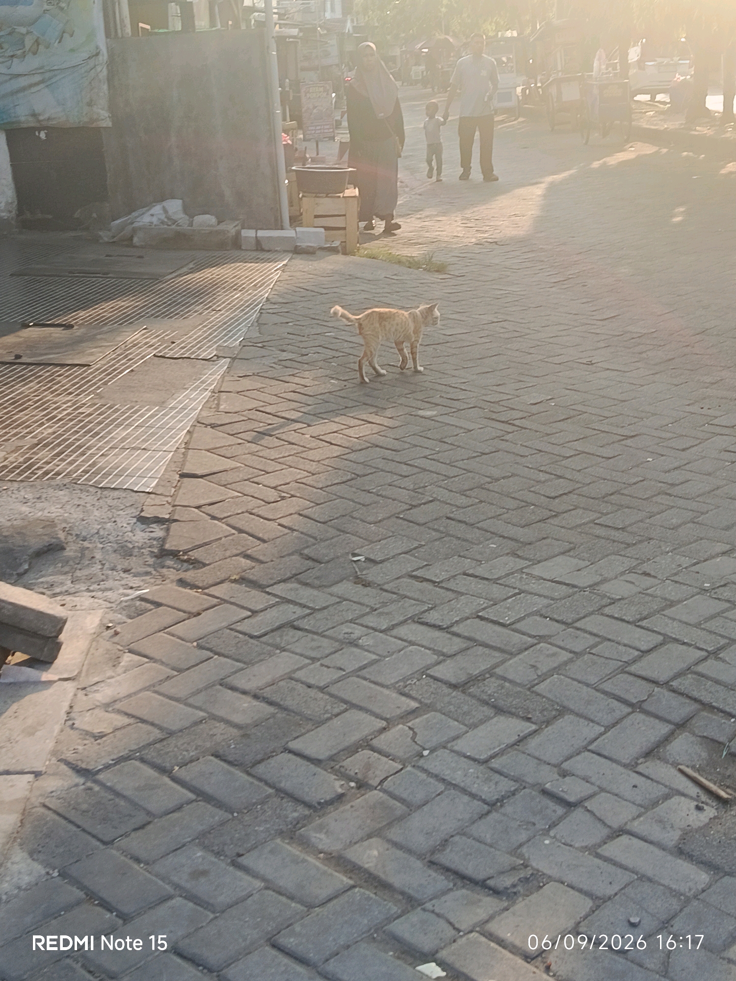 A tabby cat walks across a paved walkway. In the background, two adults and a child are walking away from the camera, with a street and several market stalls visible. The scene appears to be in an urban environment, possibly Keboansikep, Indonesia, given the timestamp on the image. The sun is low in the sky, casting long shadows and creating a bright, hazy atmosphere.