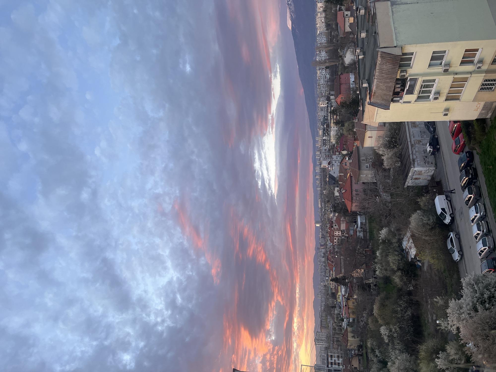 The image is an elevated view of Sofia, Bulgaria at sunset. The sky is filled with clouds colored with oranges, pinks, and blues. A mountain range is visible in the distance. Buildings of varying heights and architectural styles line the streets, and cars are parked along the roadside. Bare trees and some flowering trees are interspersed among the buildings and alongside the road. The image is taken at an angle, with the skyline appearing at the center of the image.
