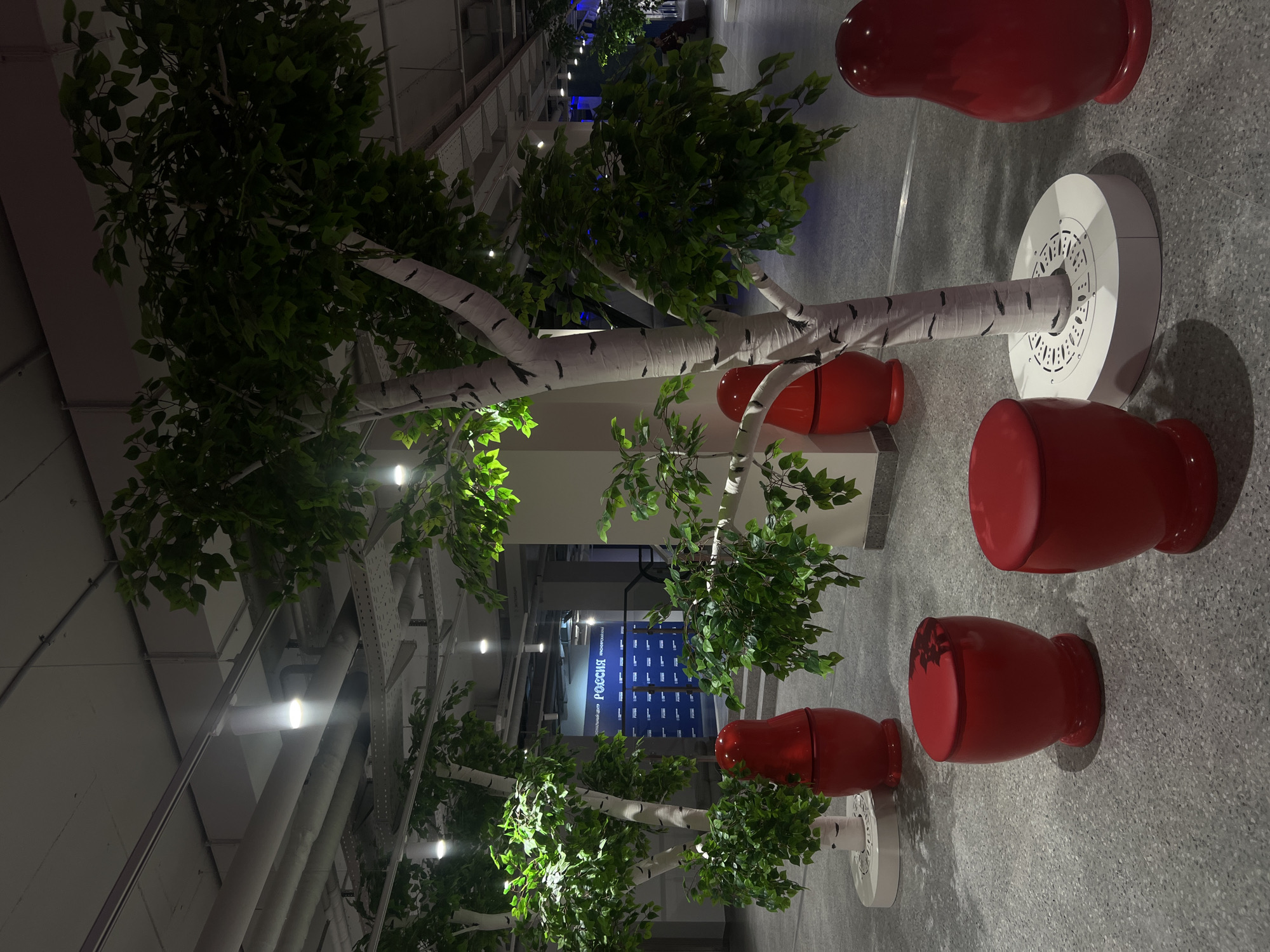 The image shows an indoor scene in Krasnoyarsk, Russia, featuring stylized birch trees interspersed with oversized, glossy red, hourglass-shaped objects resembling Russian dolls. These are set on white, circular bases. The trees appear to be decorative, with artificial bark and foliage. A blue wall in the background, likely signage, bears the word "Россия" (Russia) in Cyrillic script. The ceiling has exposed industrial elements like pipes and support structures. The floor is a speckled gray. The lighting appears bright, with visible light fixtures overhead. There is no visible human presence.