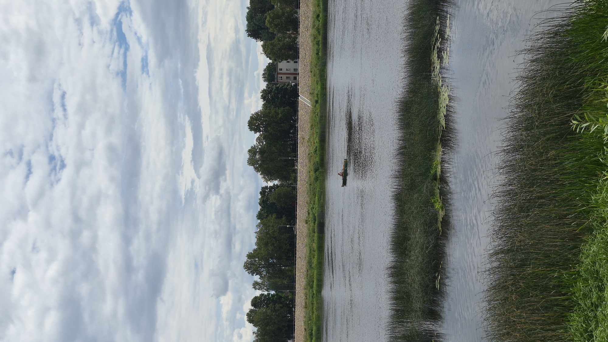 The image depicts a wide, calm river in Jēkabpils, Latvia, under a cloudy sky. In the middle of the river, a small, green boat with a single occupant is moving from left to right. The riverbanks are lined with dense green reeds in the foreground and a row of trees behind a stone embankment in the background. A few buildings are visible on the far bank amidst the trees. The overall atmosphere is serene and natural.