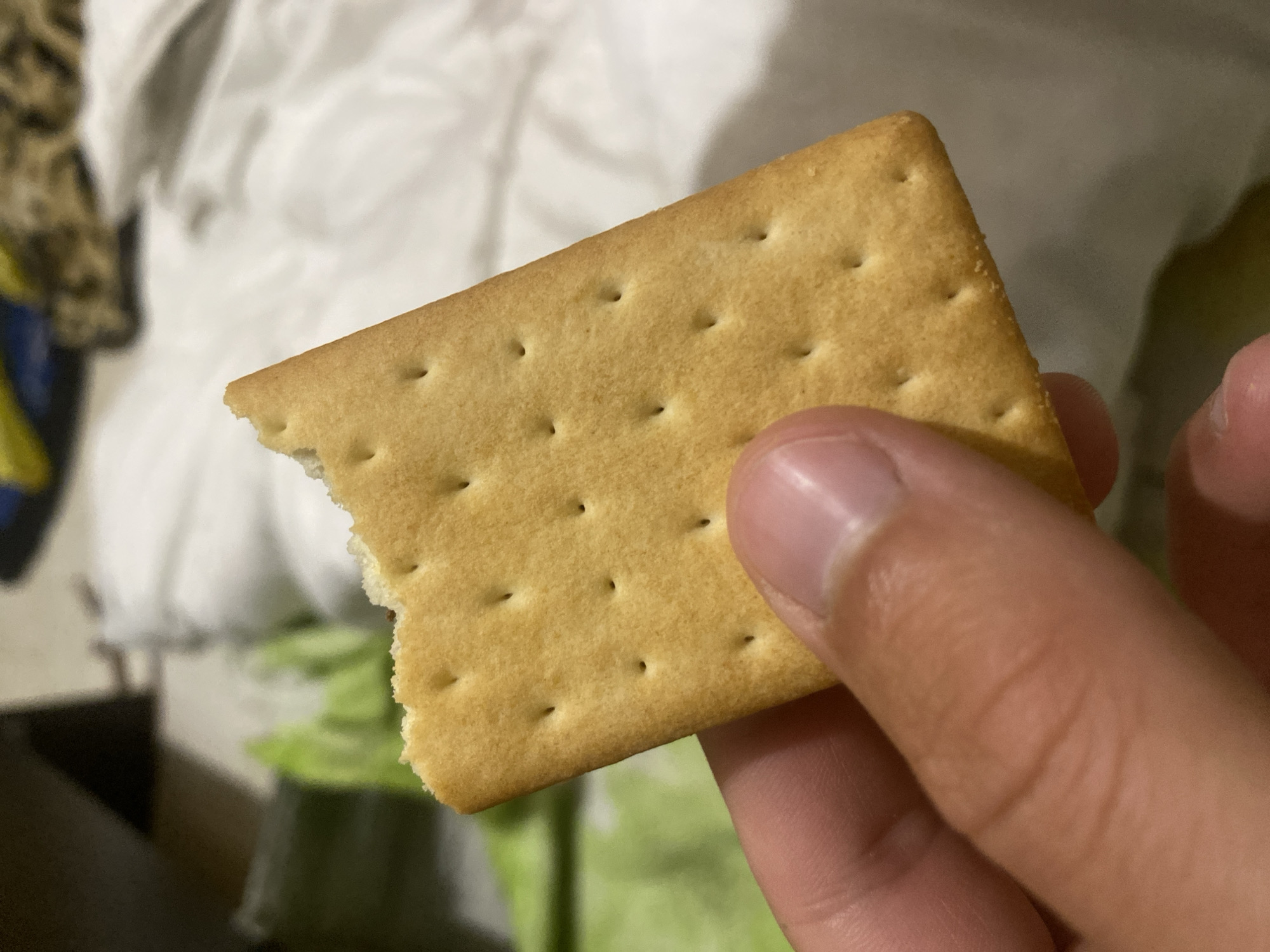 A person is holding a partially eaten rectangular cracker. The cracker is light brown in color and has small, evenly spaced holes. The person's fingers are visible holding the cracker, with a focus on the index finger. The background includes blurred images of white cloth, a dark object, and a green object. There is no indication of Poltava, Ukraine, or any other location.