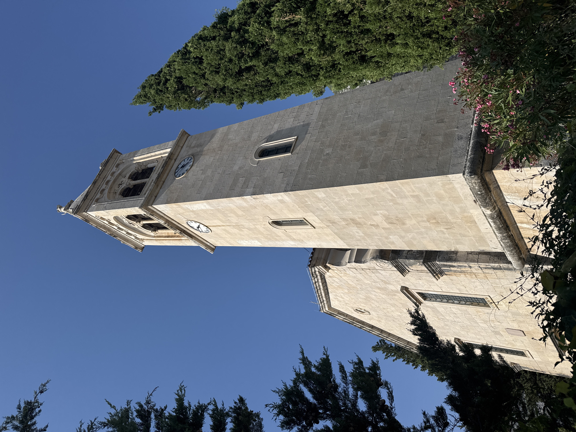A low-angle, eye-level, full shot captures the bell tower of a stone church under a clear blue sky in Dobrota, Montenegro. The tower, constructed from light-colored stone blocks, features arched windows at its belfry and a clock face with Roman numerals. Adjacent to the tower is the side of the church building, also made of stone, with tall, narrow windows. Evergreen trees, with dark green foliage, frame the left and right sides of the image, and a cluster of pink flowers blooms in the foreground on the right. The scene is bathed in sunlight, casting subtle shadows on the stone surfaces.