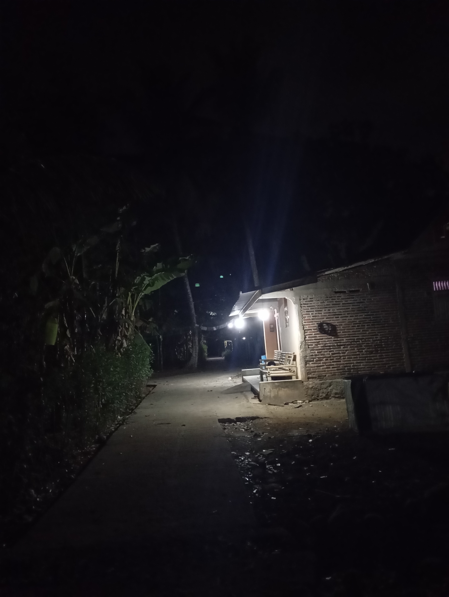 A nighttime outdoor shot captures a simple, unpaved path leading towards a modest brick house illuminated by overhead lights. The path is bordered on the left by dense foliage and on the right by the house and its surroundings. The house appears to be constructed from reddish-brown bricks and features a porch area with a wooden bench. Some debris is scattered on the ground in front of the house. The overall scene suggests a rural or semi-rural environment in Kedungbenda, Indonesia, characterized by its natural vegetation and basic housing.