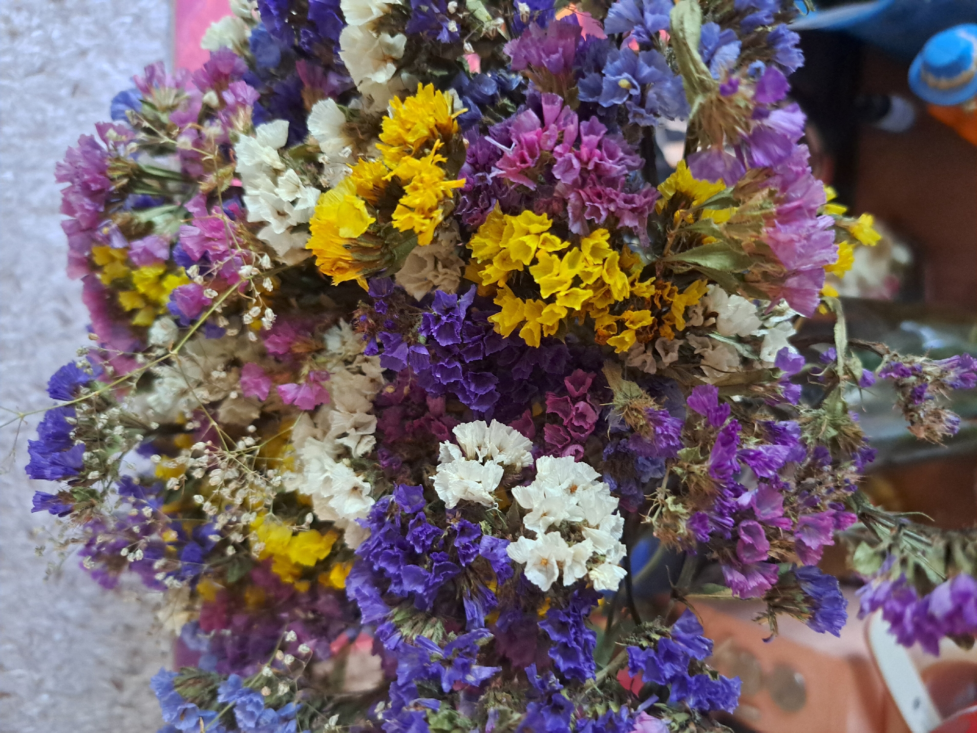A close-up, overhead shot of a bouquet of dried flowers is featured in the image. The flowers are a mix of colors, including purple, white, yellow, and blue, with small, delicate petals. The bouquet is arranged in a vase, which is partially visible at the bottom of the frame. The background is out of focus, but appears to be a textured surface, possibly a wall. The lighting is soft, casting a gentle glow on the flowers. There are no people or animals present in the image. The scene does not suggest any specific location in Vypasne, Ukraine or any other city.