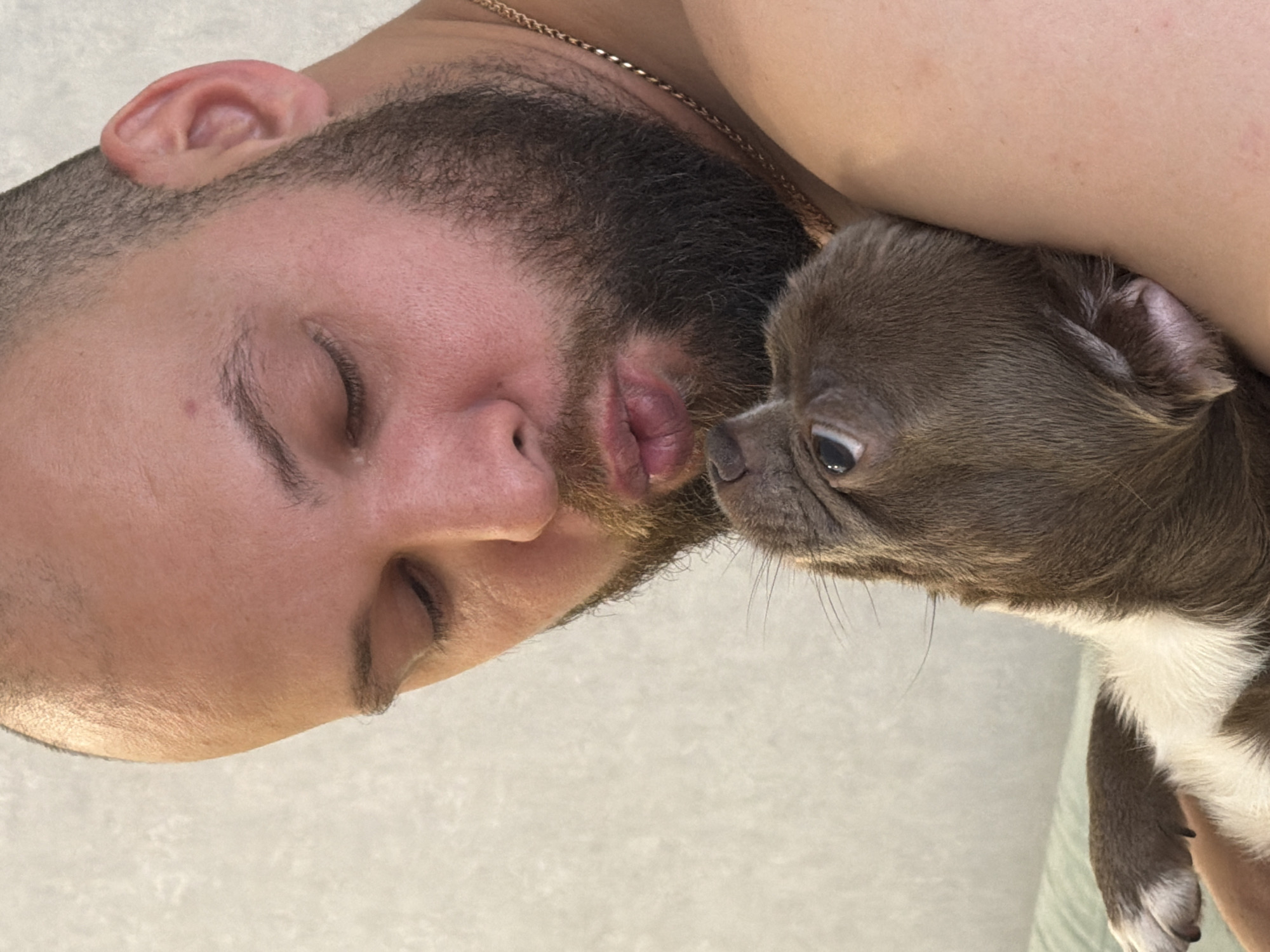 The image shows a close-up of a man embracing a small dog. The man has a shaved head and a beard, and his eyes are closed as he leans in to kiss the dog. The dog, which appears to be a puppy, has brown and white fur and is looking up at the man. They are indoors, with a light-colored wall in the background. The image does not provide any information about the location in Votkinsk, Russia.