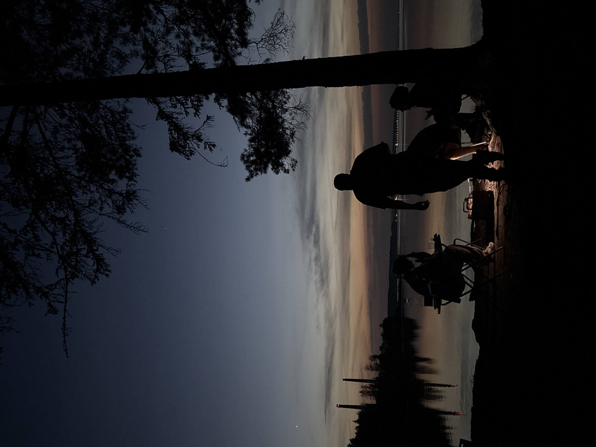 At dusk, an outdoor scene by a body of water shows silhouetted figures gathered around a light source, potentially a campfire, in Chaikovsky, Russia. The foreground features a large tree trunk and branches. To the right, silhouetted individuals, some seated in chairs, are near the light. The water's edge is dark, and the sky has a gradient from dark blue to lighter hues. In the distance across the water, lights line the shore.