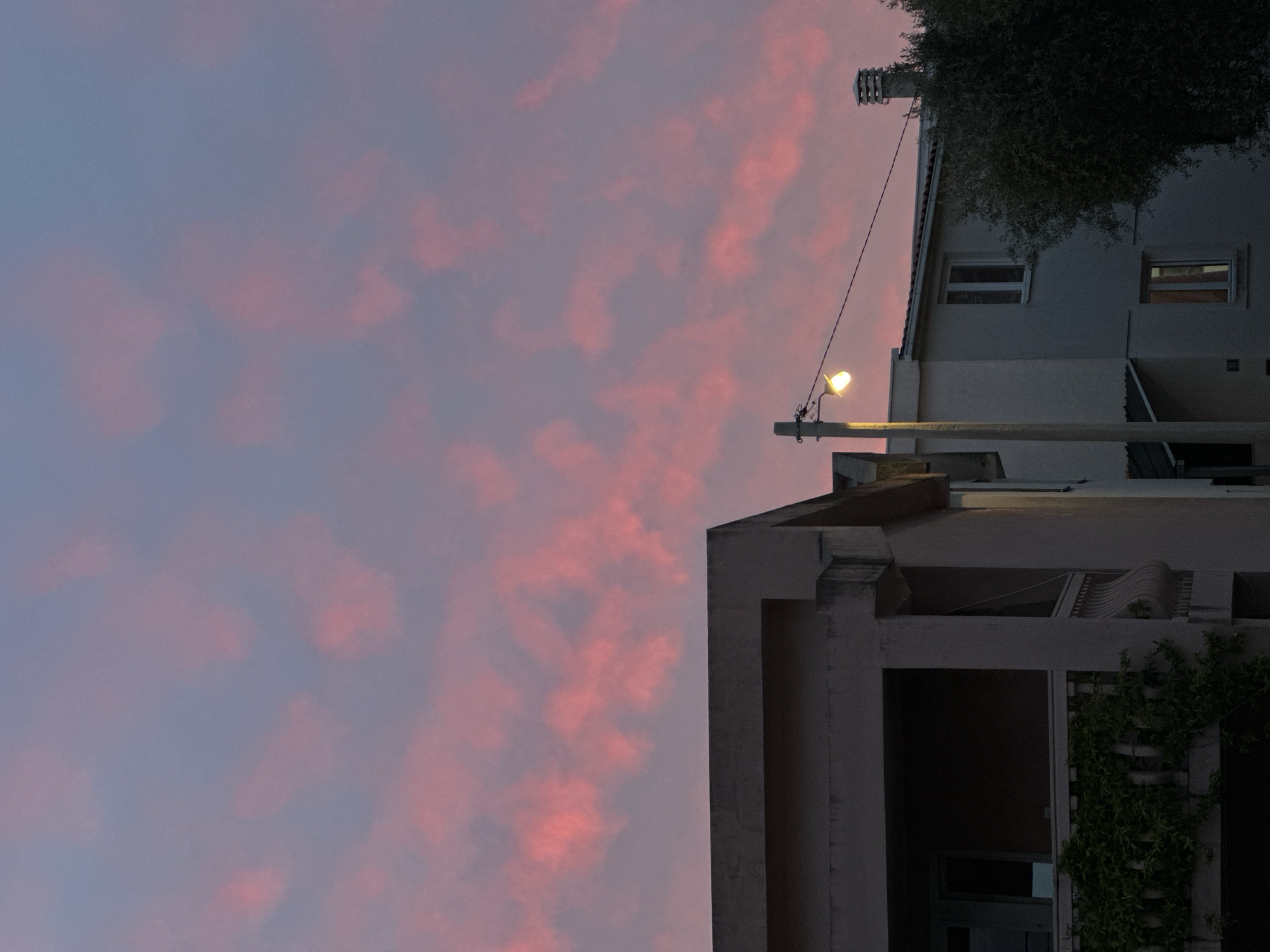 View of buildings and cloudy sky in Šušanj, Montenegro. A gray building with an open balcony and plants growing on it occupies the lower right corner. Above it is a second gray building with windows and trees next to it. A street light is visible on a pole between the two buildings. The sky is a light blue with pink-tinted clouds.