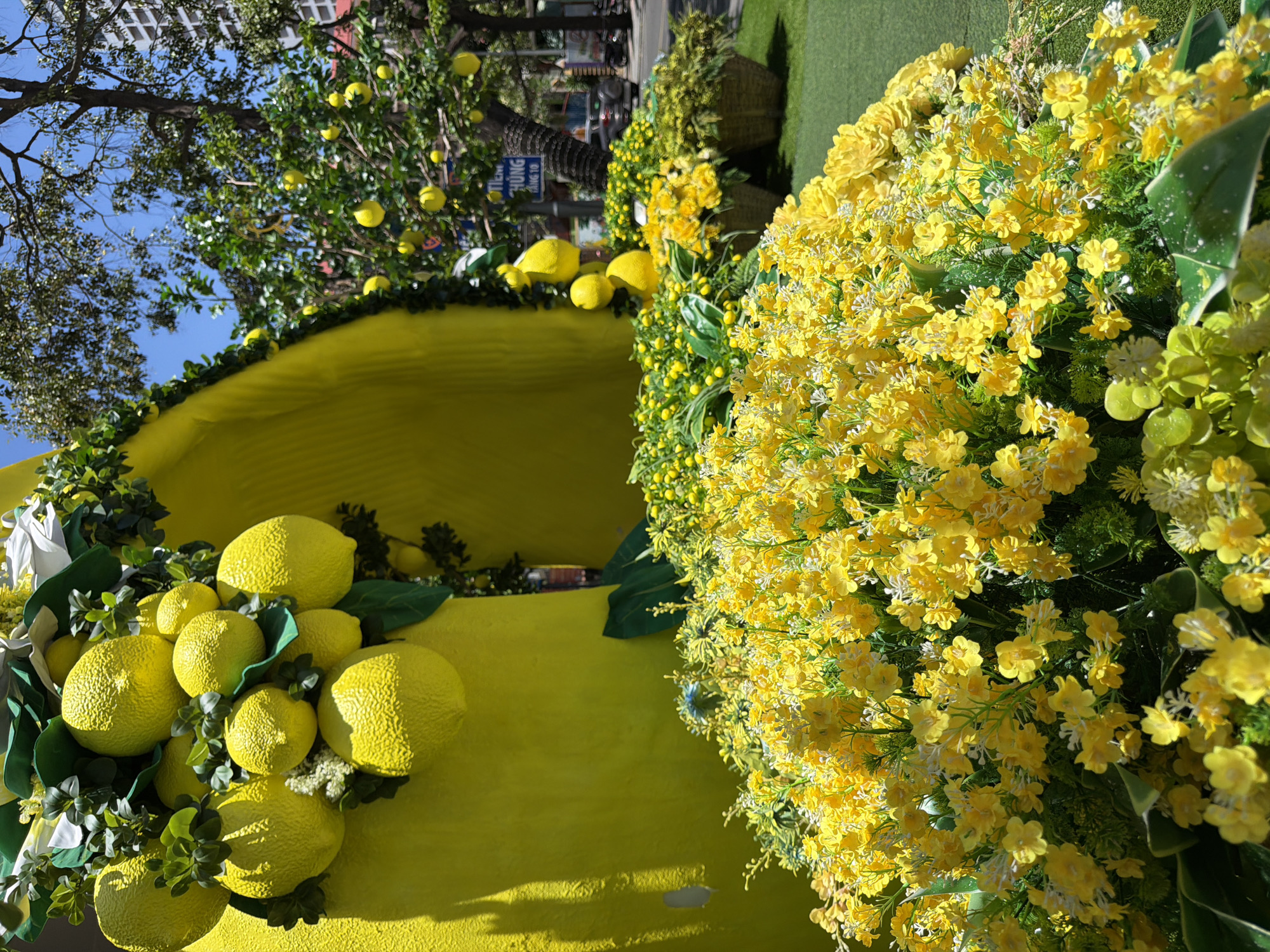 The image depicts a sunny outdoor scene in Nha Trang Ward, Vietnam, showcasing a vibrant yellow display. A large, bright yellow structure, potentially part of a festival decoration or public art installation, is decorated with artificial lemons and green foliage. In the foreground, a dense cluster of yellow flowers adds to the bright, cheerful atmosphere. The background features trees with artificial lemons hanging from their branches, suggesting a theme of citrus or a local fruit celebration. In the far background, there are hints of buildings, street signs, and possibly other decorations, providing context of an urban setting.