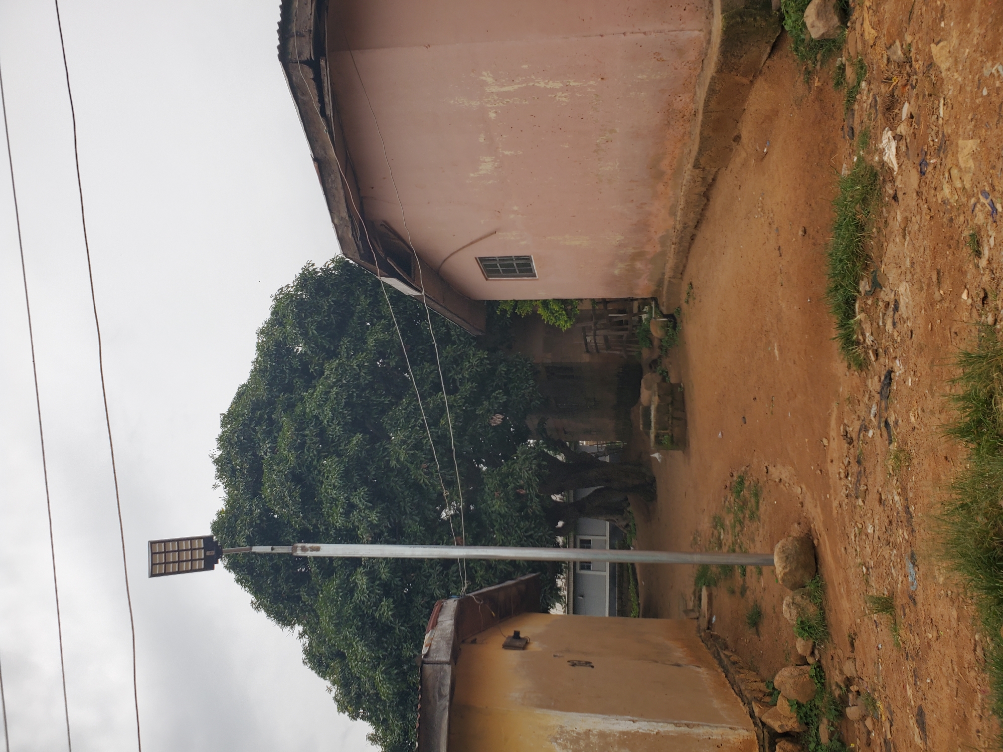 An outdoor, eye-level medium shot shows a dirt path between two buildings and a large tree in Bukuru, Nigeria. The left building is painted yellow and has a rusted metal roof. The right building is painted pink and has a small window. A tall, silver pole with a solar-powered light stands in the center of the frame. The ground is covered in dirt and scattered rocks, with some patches of grass. The sky is overcast.