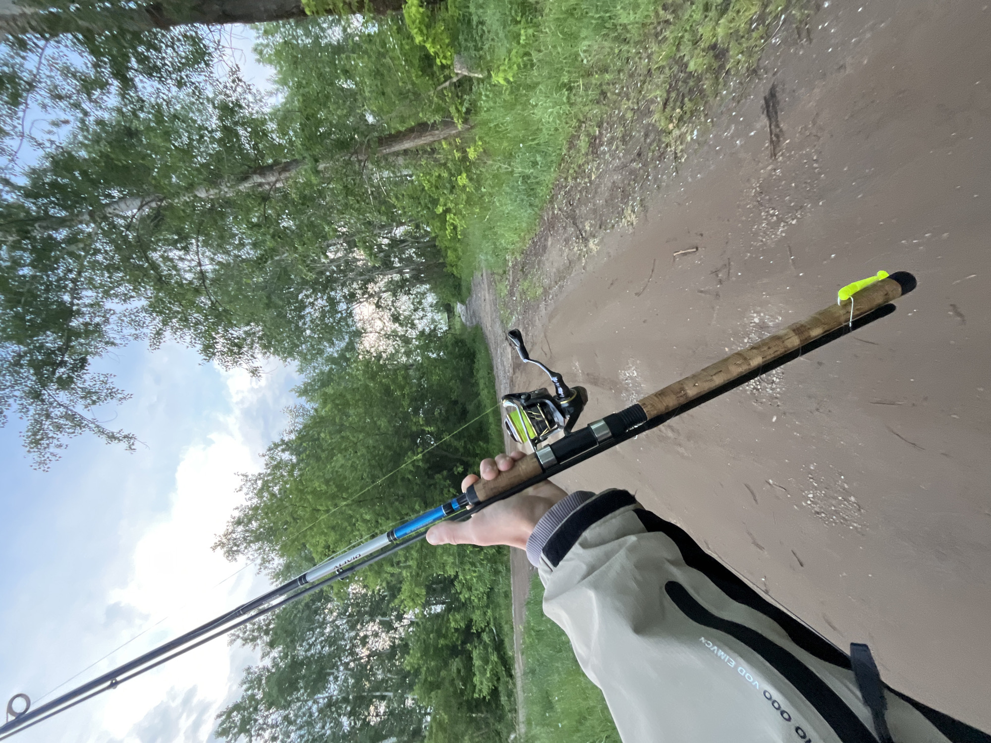 The image presents a first-person perspective of someone holding a fishing rod while traversing a natural, rural environment in Chaikovsky, Russia. The main subject is the individual's right arm and hand, wearing a light-colored jacket with black and grey details, gripping a fishing rod. The fishing rod is a spinning type, featuring a reel spooled with bright yellow-green fishing line and a cork handle. A small, neon yellow clip or stopper is attached near the tip of the rod. The brand name "ALIVIO" is partially visible on the rod blank. On the jacket, inverted text like "VOD EIMVCN" and "OO OOO" can be discerned.
The scene depicts a narrow, unpaved path or dirt road that appears somewhat muddy and wet, suggesting recent rain or damp conditions. This path extends into the distance, winding through a wooded area. Tall deciduous trees with dense green foliage, some identifiable as birch trees by their light bark, line both sides of the path, creating a verdant corridor.
The sky above is cloudy but bright, indicating daytime, possibly late afternoon or early evening given the soft light. The overall activity suggests the person is either walking to or from a fishing location, or preparing to cast. The general atmosphere is calm and immersed in nature.