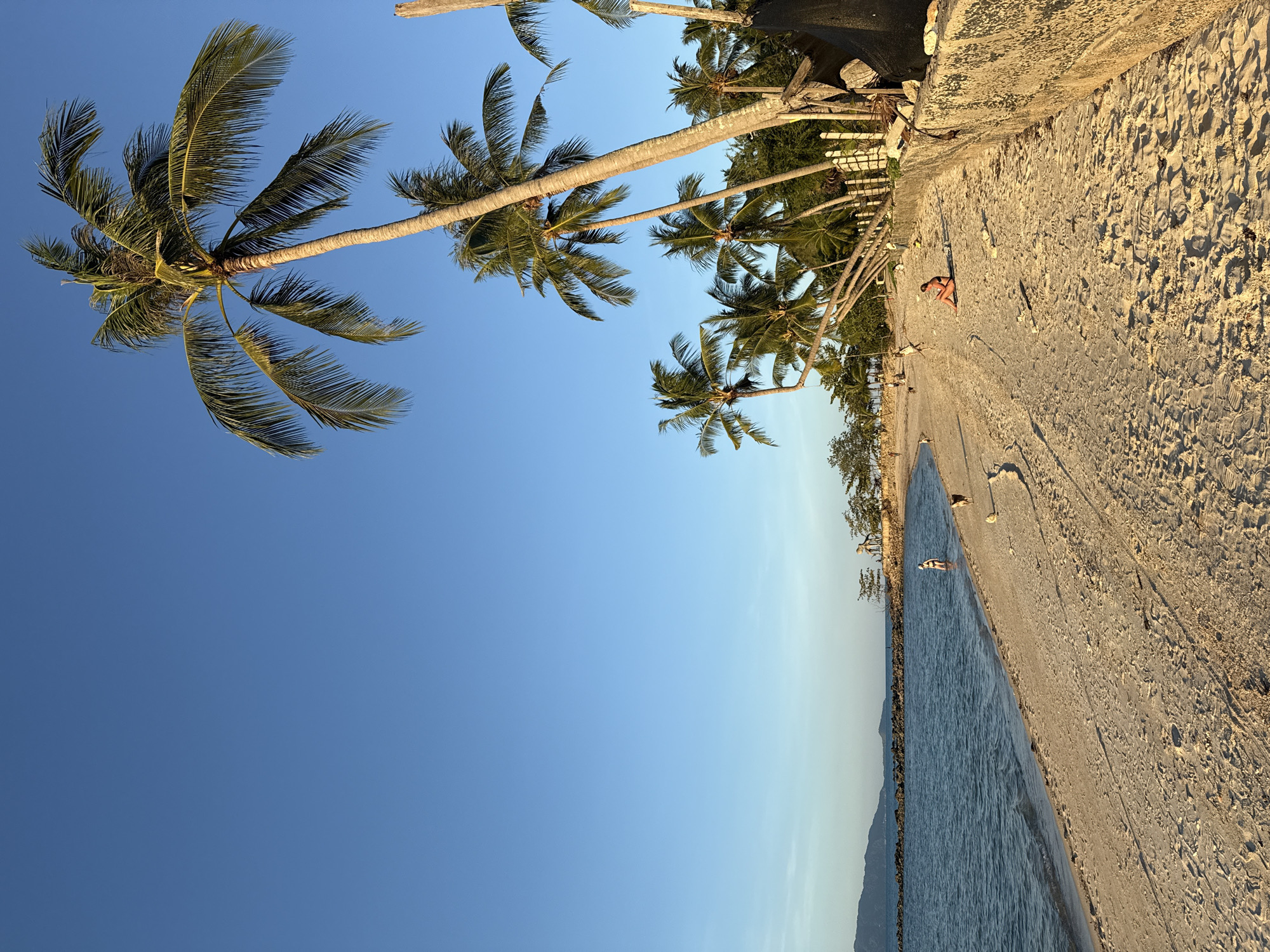 The image depicts a serene beach scene in Baan Tai, Thailand, with the sun casting a warm glow on the sand. In the foreground, a sandy beach stretches along the coastline, marked by footprints and debris. To the right, a weathered concrete wall runs parallel to the beach, partially covered by vegetation. Beyond the wall, a cluster of palm trees dominates the landscape, their fronds rustling in the gentle breeze.
The water, a tranquil blue, laps at the shore, creating small waves. In the distance, a rocky outcrop extends into the sea, and a hazy coastline with mountains can be seen. The sky is a clear, vibrant blue, indicative of fair weather.
Several individuals are visible on the beach. Near the water's edge, a person stands in the shallow sea, while a dog plays nearby. Further down the beach, another person is seated on the sand, facing the water. In the mid-ground, more figures are scattered along the shore, some walking and others appearing to be engaged in activities. A dog can also be seen in this area. A tall palm tree stands prominently in the foreground, its trunk leaning significantly. The overall atmosphere is one of peaceful relaxation and natural beauty.