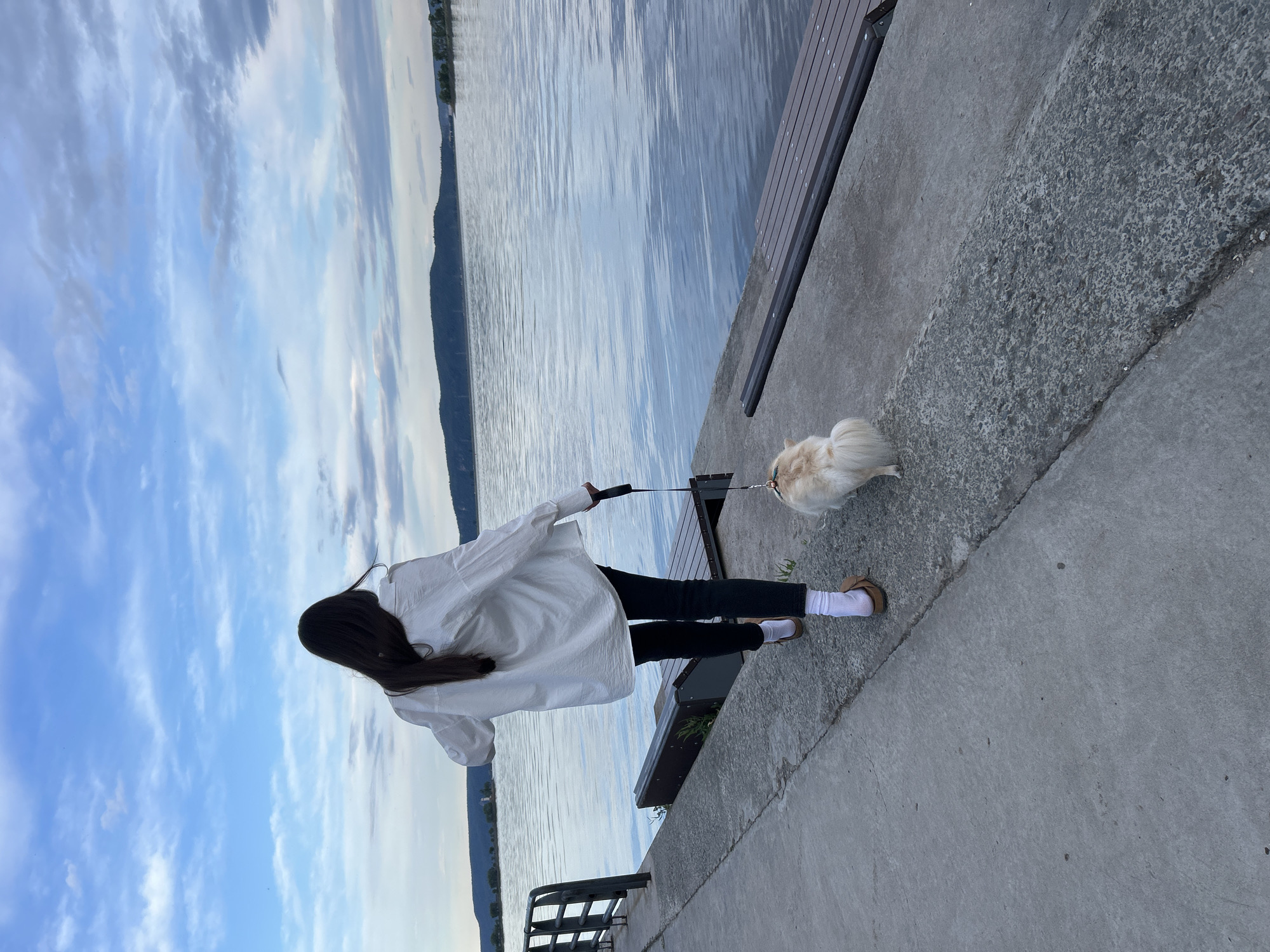 The media file shows a young woman walking her small, fluffy, light-colored dog on a leash along a paved walkway next to a body of water. The woman is wearing a loose white shirt, black pants, white socks, and brown sandals. Her dark hair is long and falls down her back. The dog, possibly a Pomeranian, is a light cream color and has a fluffy tail.
The scene is outdoors, with a concrete walkway and a wooden dock or bench. The water appears to be a lake or large river, reflecting the sky. In the distance, hazy landforms or hills are visible, suggesting a natural landscape. The sky is partly cloudy, with a mix of blue sky and white clouds, indicating it is likely daytime, perhaps late afternoon or early evening given the soft light. The overall mood appears calm and peaceful, with the woman and her dog enjoying a walk by the water. There is no visible text in the media file. The location context provided is Tolyatti, Russia.