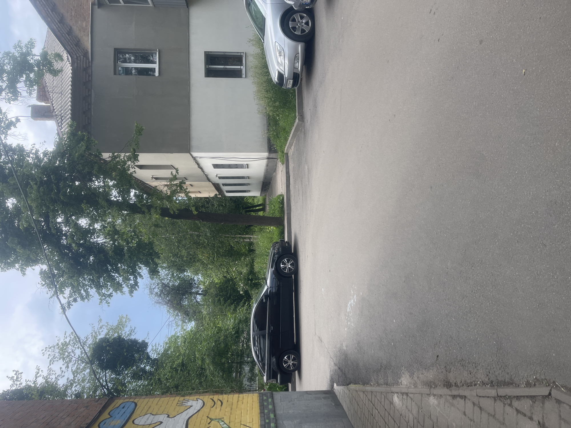 This image captures an outdoor, likely residential or mixed-use urban environment on an overcast day. The scene is dominated by paved surfaces, two parked cars, a multi-story building, and dense green foliage.
On the far left, a brick wall, painted yellow with a white and blue graffiti-style mural, borders a paved sidewalk. A black two-door hatchback, possibly a BMW E46 Compact, with tinted windows and multi-spoke alloy wheels, is parked facing right on the asphalt surface adjacent to the yellow wall. Behind this car and extending towards the center and right, a dense canopy of deciduous trees with vibrant green leaves forms a natural backdrop. A prominent tree trunk is visible in the mid-ground, slightly to the right of the black car. Overhead, several thin wires or cables are strung across the frame, partially obscured by the tree branches, against a sky characterized by scattered white and light gray clouds.
To the right of the asphalt parking area, a multi-story building with a tiled, corrugated roof and a brick chimney is visible. The building's exterior features a two-tone stucco finish: a darker gray on the upper section and a lighter gray or white on the lower section. Multiple rectangular windows with white frames are visible on the building's facade. A silver sedan, identified as a Skoda Octavia (second generation) with a Ukrainian license plate "BC 7159 MT," is parked facing the viewer in front of the building. Partially visible to the right of the silver sedan is the front of another parked vehicle. A concrete curb separates the asphalt from a strip of overgrown green grass and weeds along the base of the building. The asphalt ground, which covers the majority of the foreground, shows signs of wear and minor debris.