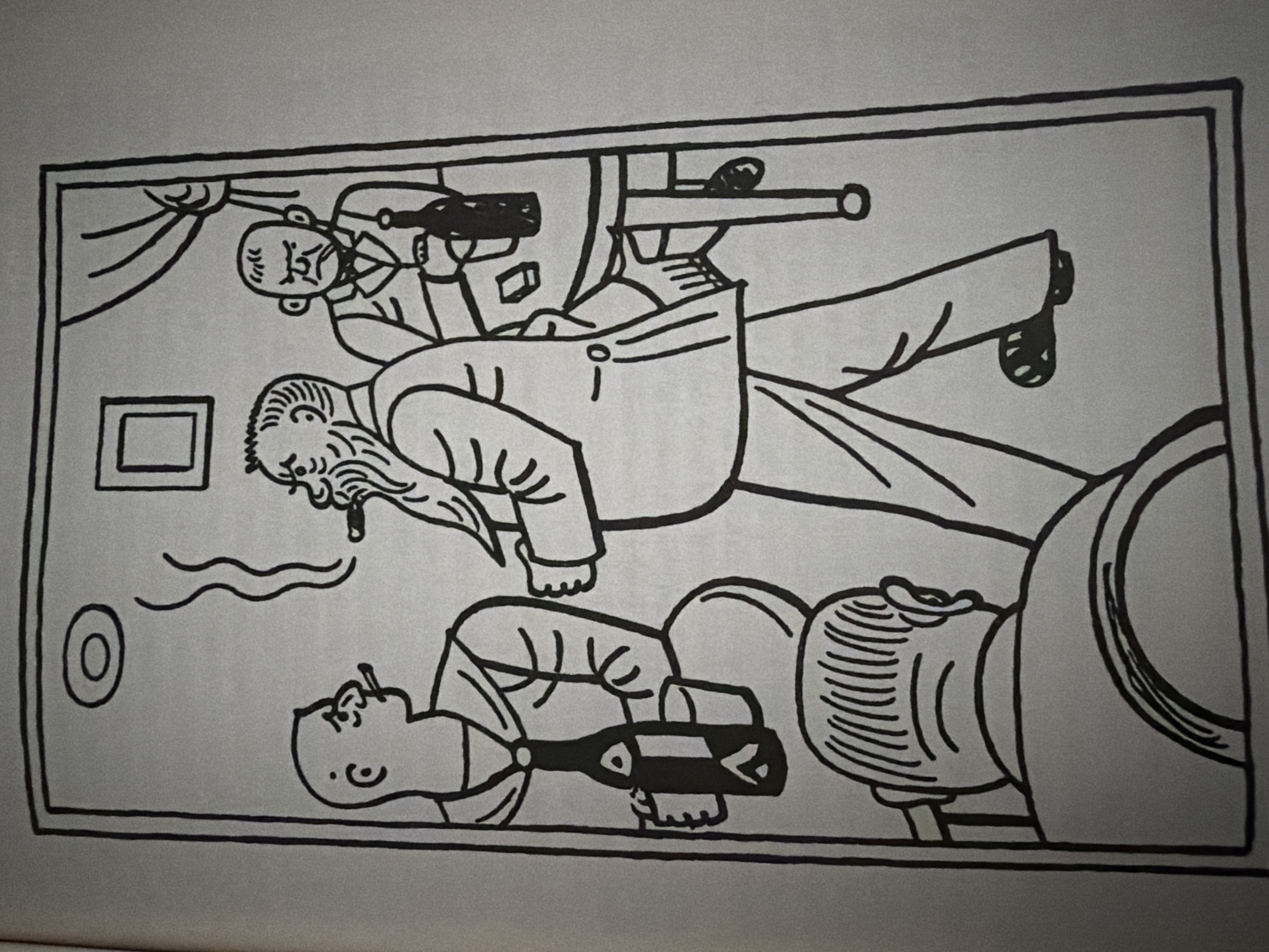 The image is a black and white line drawing depicting an indoor scene with four individuals. In the foreground, partially obscured, is the back of a person's head and shoulders. To the left, a bald man wearing a sailor-style collar and tie is seated, holding a bottle and a mug. He is smoking a cigarette. In the center, a man with a beard, wearing a suit and smoking a cigar, walks with his arms bent. To the right, another man in a suit and tie, with an agitated expression and holding a cigarette in his mouth, sits at a table with a bottle and what appears to be a small box. The background includes a curtain, a framed picture on the wall, and a circular object on the ceiling. There are no discernible elements in the drawing that would indicate a specific location in the city of Pazardzhik, Bulgaria.