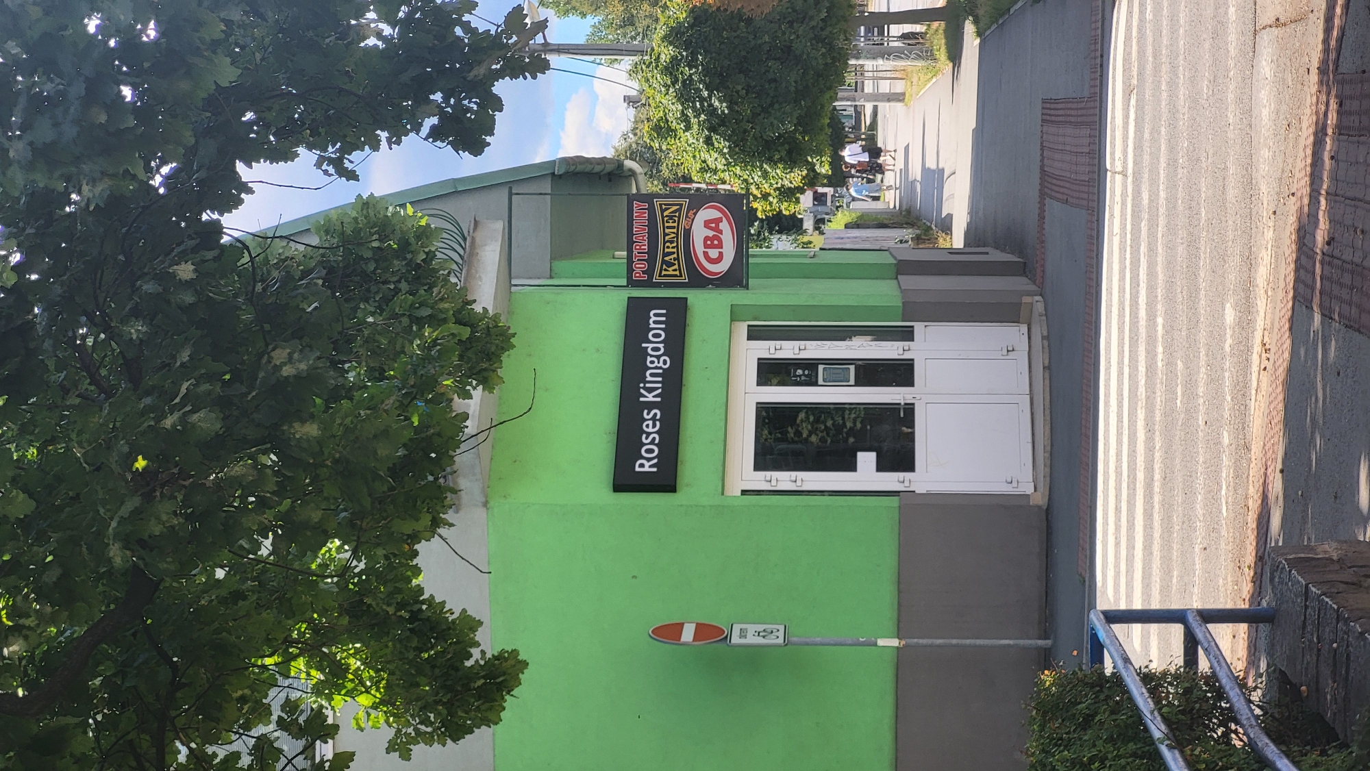 A street-level, eye-level, full shot captures a bright green building with a white double door entrance. To the left of the entrance, a white pole displays two signs: a circular red and white prohibition sign above a rectangular white sign with a bicycle symbol. Above the door, a black rectangular sign reads "Roses Kingdom" in white capital letters. To the right of this sign, two more signs hang vertically: the top one is black with white text "POTRAVINY" and the bottom one is red and white with the word "CBA" inside a circle, above the word "KARMEN" in black text on a white background. The building is partially obscured by the dappled shade of large, leafy green trees in the foreground. A sidewalk extends to the right, where three people, two women and one man, are walking away from the camera. One woman wears a light blue dress, the other a white top and dark pants, and the man wears a dark top and light shorts. A street with parked cars is visible in the distance. The ground in the foreground features a crosswalk with white stripes and textured tactile paving.