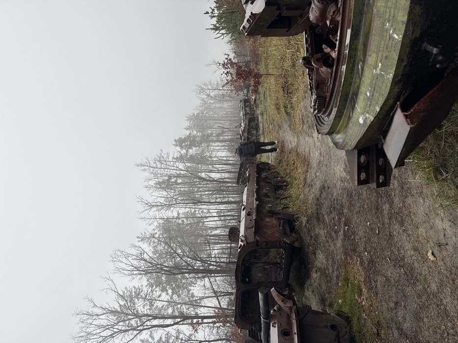 The image depicts an outdoor display of destroyed military vehicles in a wooded area near Dmytrivka, Ukraine, under an overcast, misty sky. One individual, wearing a dark jacket and trousers, walks away from the viewer on a dirt path that extends into the background. To the left of the path, multiple heavily rusted and damaged armored personnel carriers (APCs), consistent with BMP-series vehicles, are arranged. They display extensive hull damage, exposed interiors, and missing components, indicating severe destruction. In the foreground right, a large, circular, heavily rusted metal component, consistent with a tank turret base, is visible. Additional destroyed vehicles are visible further along the path, partially obscured by the mist. The surrounding environment features bare deciduous trees and evergreen trees, with muddy ground, sparse vegetation, and scattered leaves.