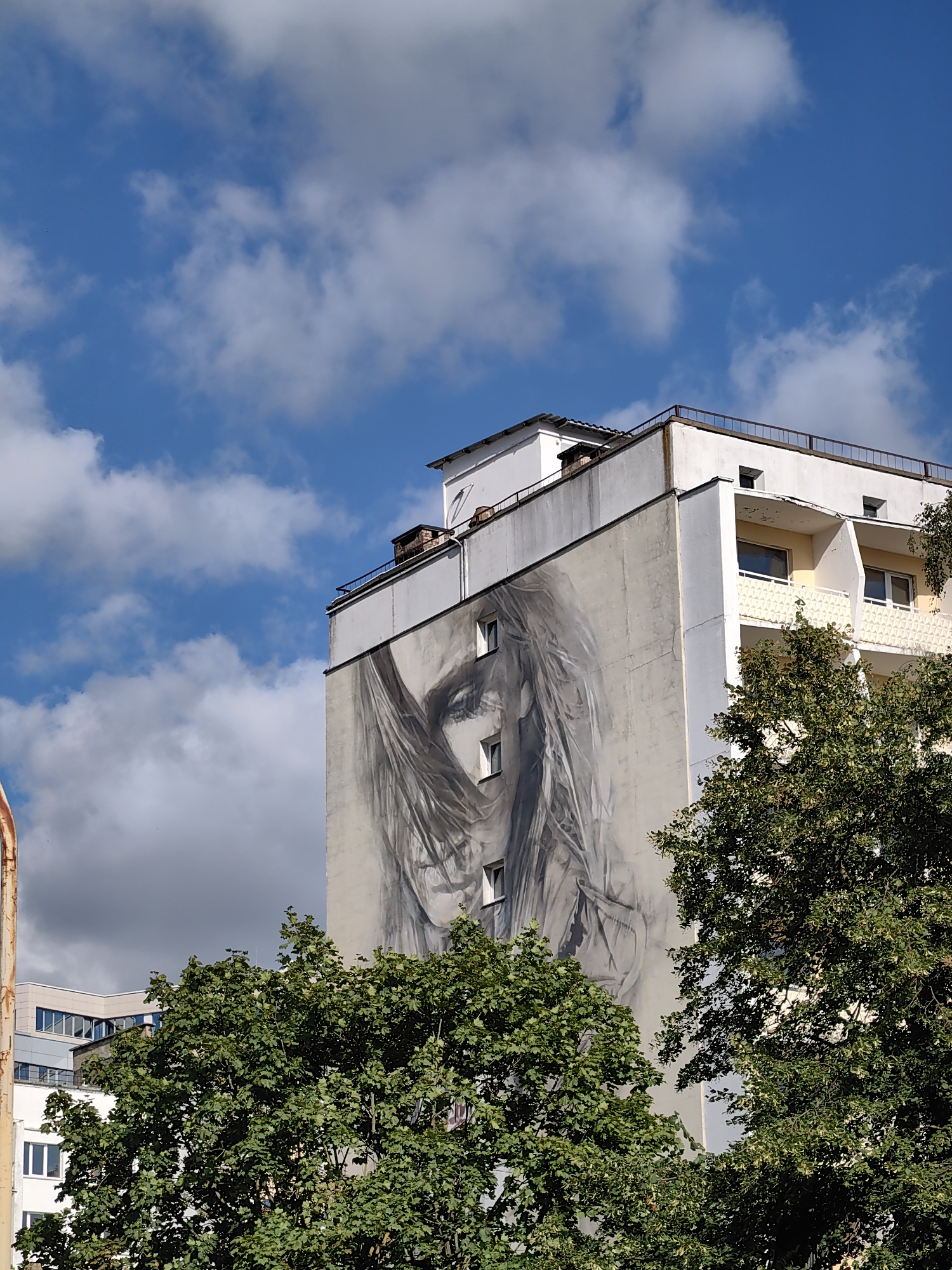 A mural depicting a large, grayscale portrait of a woman's face is painted on the side of a tall building in Minsk, Belarus. The mural covers a significant portion of the building's facade, extending from near the top down to the middle levels. The woman's face is rendered with fine lines and shading, giving it a realistic and somewhat ethereal appearance. Her hair appears to be flowing, adding to the sense of movement in the artwork.
The building itself is a multi-story structure with visible windows and balconies. To the right of the mural, part of a green tree with dense foliage is visible, partially obscuring the building. The sky above is a vibrant blue, dotted with fluffy white clouds. In the foreground, the tops of more green trees are visible, suggesting an urban park or a street lined with trees. The overall impression is one of urban art integrated into the cityscape, with nature providing a contrasting element.