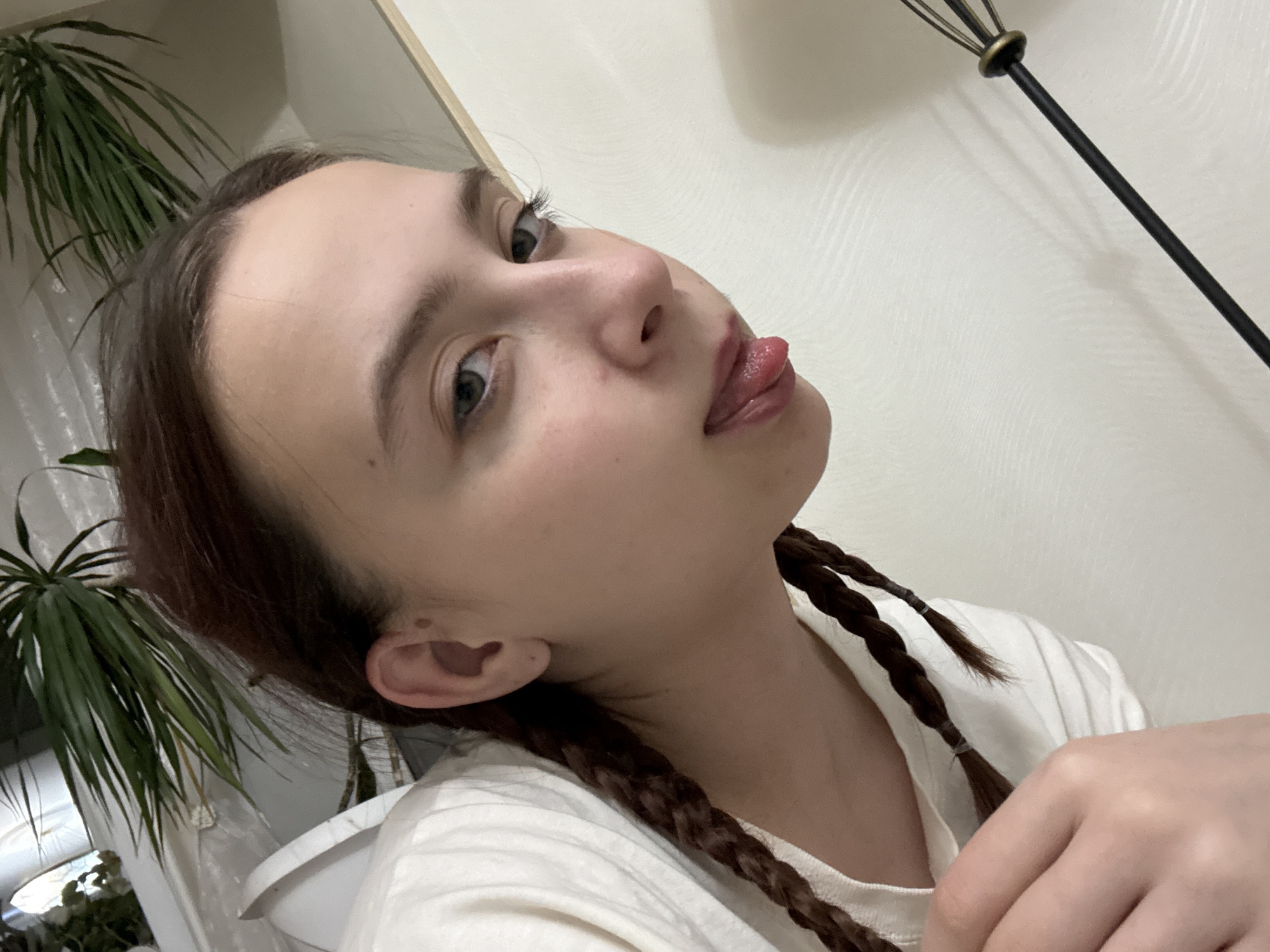 A close-up, angled selfie of a young woman with fair skin. She has light brown hair styled in two braids with elastic bands, and her eyes are light colored. Her head is tilted, and she is sticking her tongue out slightly. She wears a white t-shirt. The background is a light-colored wall. In the lower left corner, a portion of a green potted plant is visible. A black metal object is partially visible in the upper right corner. No data about Vogulka, Russia is available in this image.