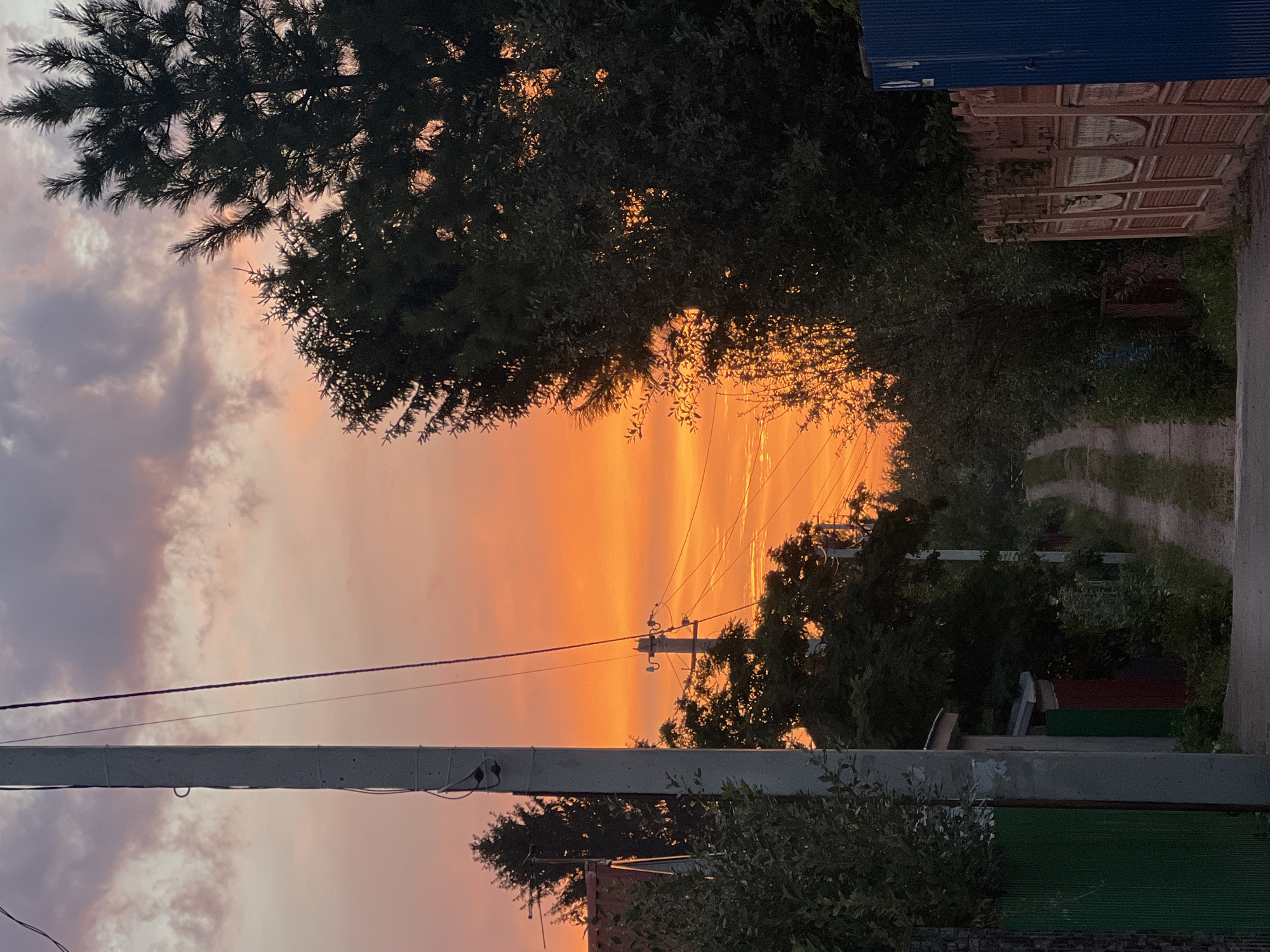 The image depicts a dirt road leading into the distance, flanked by trees and fences on either side. A utility pole stands prominently on the left, with wires extending across the frame. The sky is a vivid orange and yellow, transitioning to purple and gray clouds towards the top, indicative of a sunset. The scene appears to be a rural or suburban area, possibly a dacha settlement, given the fences and the overall atmosphere. The location is identified as Mochische, Russia. There are no people visible in the image.