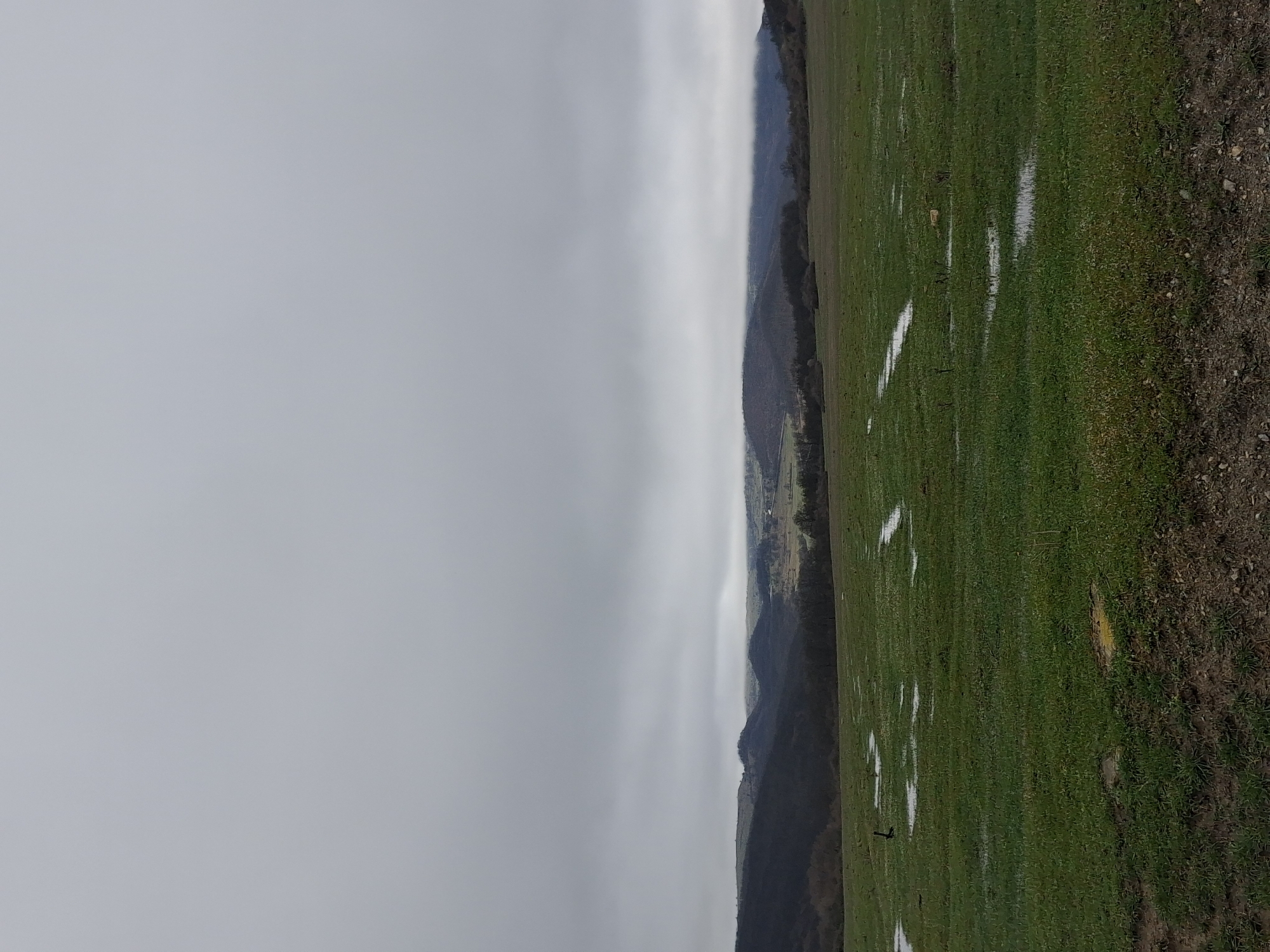 The image depicts a landscape near Gradets, Bulgaria, on a cloudy day. A green field stretches from the right side of the frame, marked with patches of standing water. To the left, a mountain range is visible, shrouded in fog or low-lying clouds. The sky is uniformly overcast, casting a diffused light over the scene. The edge of the field merges into a rough, uneven terrain with soil and vegetation. There are no people visible in the image.