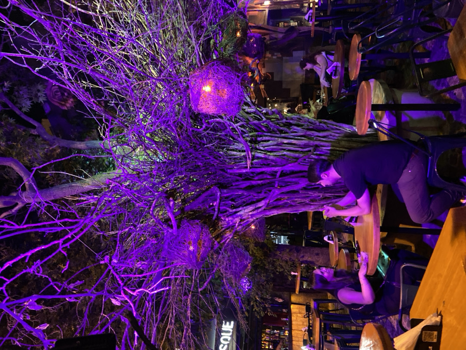 Nighttime scene illuminated by purple lights. A tree with branch-like sculptures holds three spherical, glowing wicker ornaments. Two people stand at high-top tables, seemingly occupied with their phones. One is a woman with long dark hair; the other is a man in a black t-shirt. Stools and tables stretch into the background, with other patrons dimly visible. The word "BISQUE" is partially visible at the bottom of the frame.