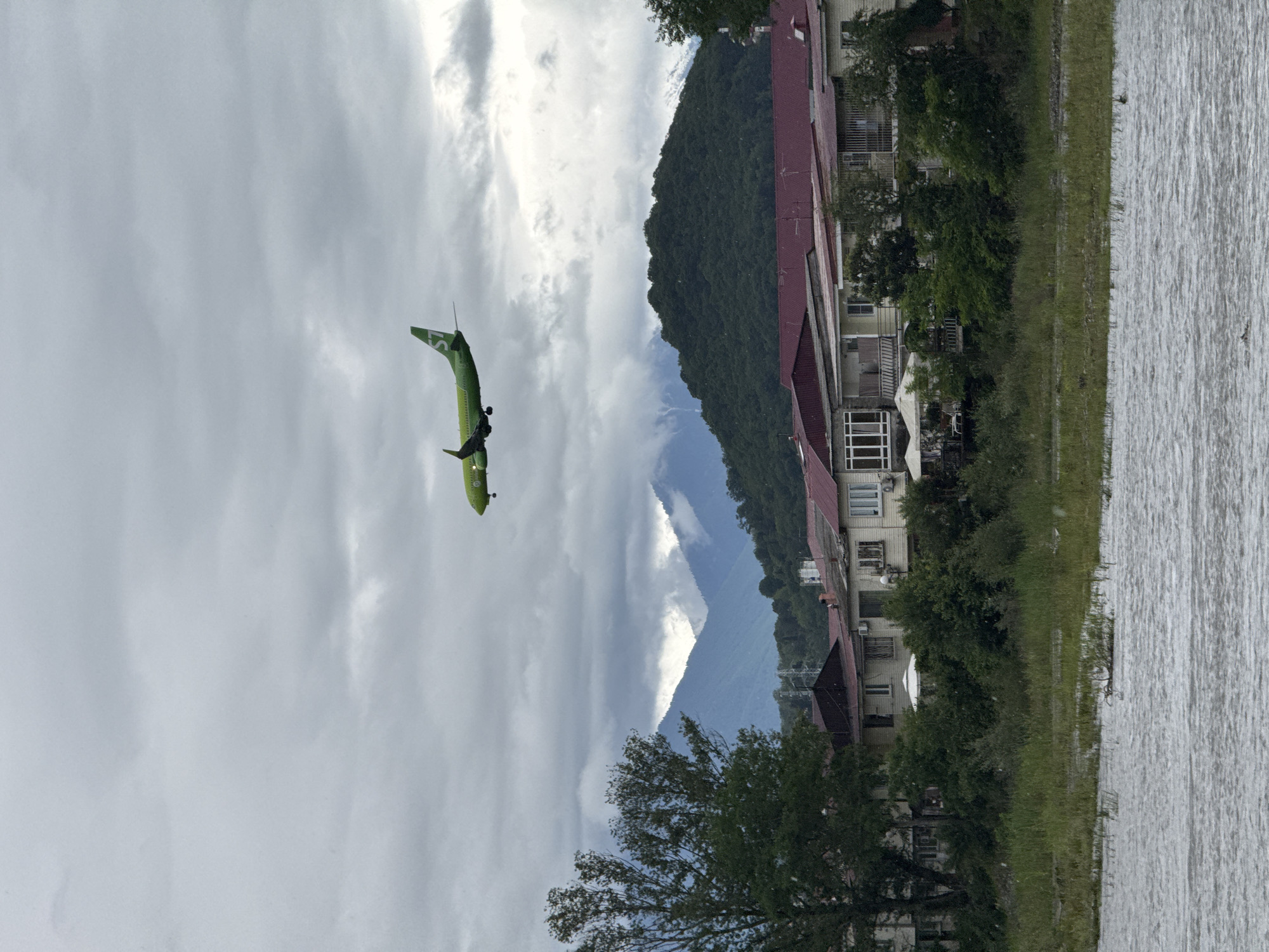 The image shows a green S7 Airlines Airbus A320 aircraft in flight over Sochi, Russia. The aircraft is angled upwards, suggesting it is either taking off or ascending. Buildings with red roofs and white walls are visible to the right, interspersed with trees. In the background, there are mountains shrouded in clouds. The foreground includes tree branches and a body of water on the far right. The sky is overcast with grey and white clouds.
