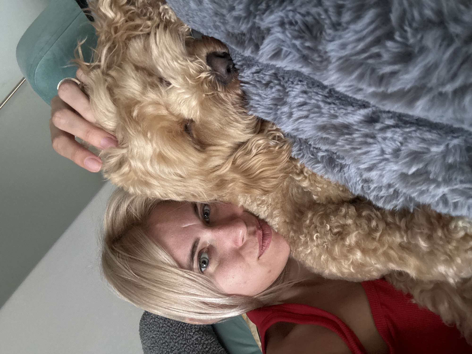 This image captures a close-up, intimate moment between a woman and a dog, presented with a slight tilt, as if viewed from above.
The main subjects are a woman and a light brown, curly-haired dog, possibly a poodle mix. The woman has blonde hair that falls around her face and striking blue-green eyes, which gaze directly at the viewer. She has a calm expression and a faint scar visible on her forehead. She is wearing a red top. Her left hand is gently placed on the dog's back, and a simple silver-colored ring is visible on her ring finger.
The dog is snuggled close to the woman, its light brown fur contrasting with a soft, gray, fluffy blanket that partially covers it. The dog's dark nose and a portion of its face are visible, peeking out from under the blanket.
The activity taking place is a moment of shared relaxation and affection between the woman and her pet. They appear to be resting or snuggling together indoors, likely on a sofa or bed. A light teal or mint green cushion or furniture piece is visible behind the woman's hand, suggesting an indoor setting. The background is a plain, light-colored wall.
Notable details include the soft, diffused lighting, indicating an indoor environment, likely during the day. The image evokes a sense of peace, comfort, and companionship. No visible text is present in the image. The location context provided for this image is Saratov, Russia, though there are no explicit visual cues within the image itself to confirm this geographical location.