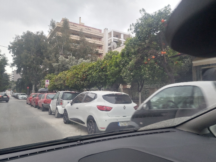 The image presents an urban street scene in Nea Smirni, Greece, captured from within a vehicle looking forward through the windshield. The lower foreground shows the vehicle's dashboard and the base of the windshield.
On the right side of the street, a line of vehicles is parked. Closest to the camera is the rear of a white Renault Clio with a partial license plate "IZH 65xx" and multi-spoke black wheels. Behind it, a white and grey Smart Fortwo is parked. This is followed by a series of red hatchback cars, one of which features a black roof rack. Beyond the parked cars, a row of trees with orange fruit is visible, interspersed with taller, leafy trees. A decorative metal fence runs along the sidewalk behind the trees. A white pole with a circular sign (red ring, white background) stands above the parked cars.
The paved street extends into the distance, with a lane of moving traffic on the left, where several cars are visible, receding from the viewer.
In the background, a multi-story building with a distinctive stepped or terraced architectural design stands prominently, partially obscured by dense foliage. The sky is overcast. No individuals are visible in the scene.