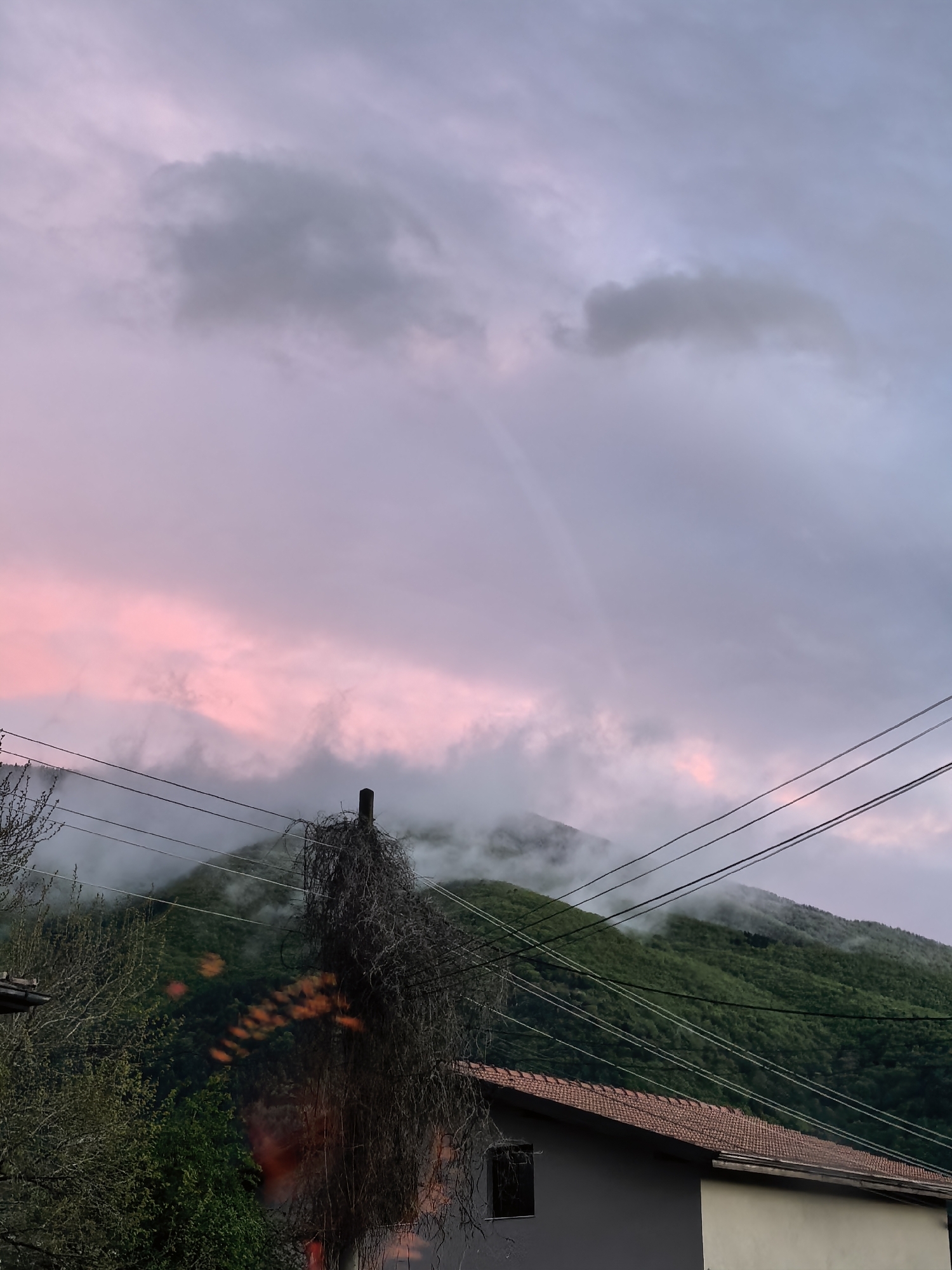 The image presents a tranquil landscape scene in Sapareva Banya, Bulgaria, likely captured during twilight or early morning. The sky is a prominent feature, displaying a gradient of colors from soft pink on the left, transitioning to pale purple and grey on the right. Wispy clouds are scattered across the sky, and a faint, ethereal rainbow is visible in the upper right portion, indicating recent rainfall.
In the midground, lush green mountains rise, partially obscured by rolling mist and low-hanging clouds, lending a mystical quality to the scene. Several dark utility wires or power lines stretch horizontally across the image, traversing the middle ground.
The foreground elements include a prominent utility pole situated centrally, heavily covered in a dense, dried mass of dark, tangled vines or branches. To the left, branches of trees, some bare and some adorned with green foliage, frame the view. On the bottom right, a portion of a house is visible, characterized by a reddish-brown tiled roof and walls painted in contrasting shades of grey and off-white. A dark, rectangular window is set into the grey wall. Some blurred orange reflections or light specks are present in the lower-central part of the image, possibly from indoor lighting or a reflection.
No specific activity is depicted, and there is no visible text in the image. The overall impression is one of peaceful natural beauty, possibly after a rain shower, with the colorful sky adding a dramatic touch.