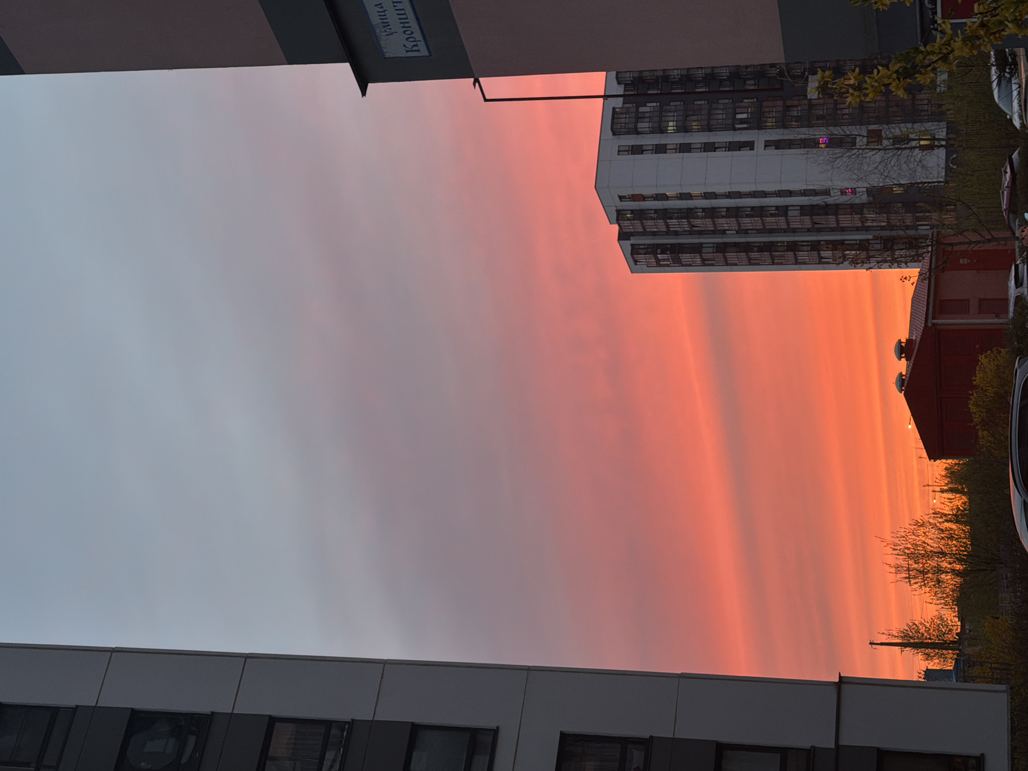 The image shows a colorful sunset in Koltushi, Russia. The sky transitions from light blue to vibrant pink and orange hues, layered in distinct bands. The foreground is framed by buildings: a modern, multi-story structure with visible windows at the bottom and a taller, multi-story building with many windows towards the upper right. A street sign reading "улица Кронштадтская" (Kronshtadtskaya Street) is partially visible in the upper left corner. Trees and a red building are visible along the horizon line. Cars are also parked nearby.