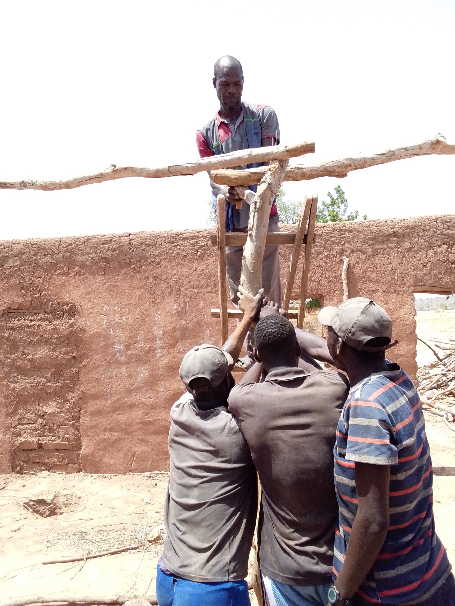 In Mulke Barikin Sayejo, Nigeria, four adult men are engaged in construction work. One man stands on a wooden ladder, positioned atop a partially constructed mud brick wall. He appears to be securing wooden support beams that form the beginning of a roof structure. Three other men are on the ground, stabilizing the ladder and potentially providing support to the vertical beam the man on the ladder is working on. The environment is dry, with sparse vegetation and the bare earth surrounding the construction site. In the background, additional building materials and natural vegetation are visible.