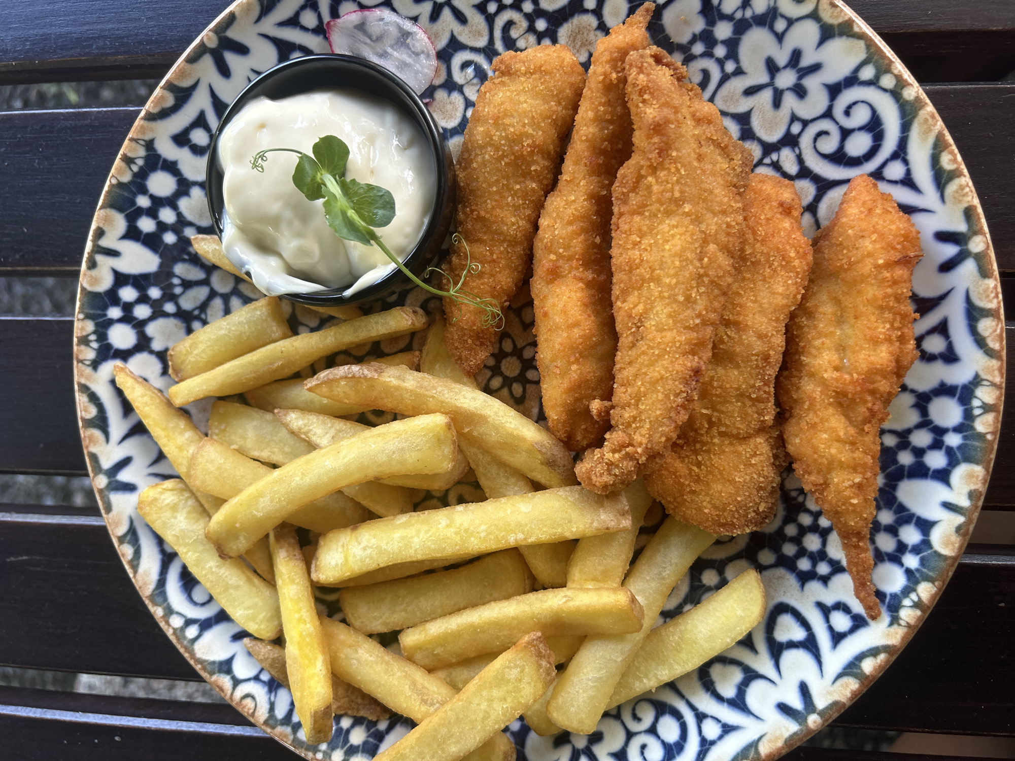 A top-down, medium shot captures a plate of food on a dark wooden table. The plate is round with a blue and white patterned rim. It contains a generous serving of golden-brown french fries, piled to the left. To the right, there are several breaded chicken strips. In a small black bowl, a dollop of white sauce, likely mayonnaise, is garnished with a small green sprig. A thin slice of red radish rests to the right of the sauce bowl. The scene is well-lit, with natural light casting soft shadows. The image does not contain any discernable elements that would allow for a specific location in Varna, Bulgaria to be identified.