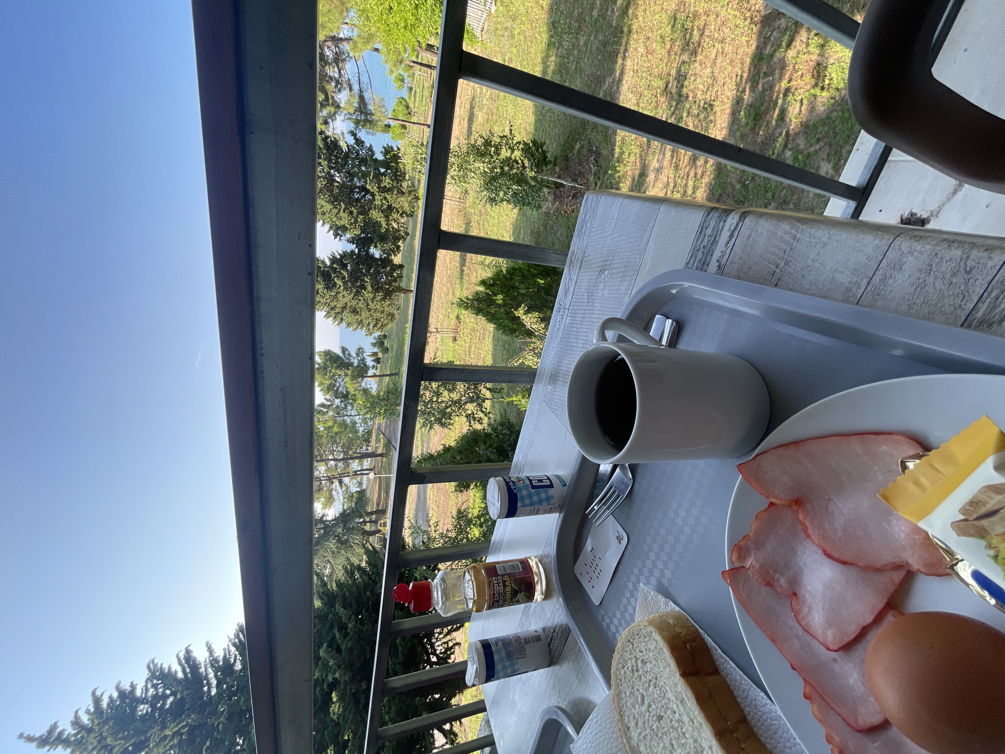 A breakfast tray with sliced bread, cured meat, a boiled egg, and a cup of coffee sits on a table on a balcony overlooking a lush green landscape with trees and the sea in the distance. The railing of the balcony is visible in the foreground. The scene is set in Nesebar, Bulgaria, with the bright blue sky overhead suggesting a clear day.