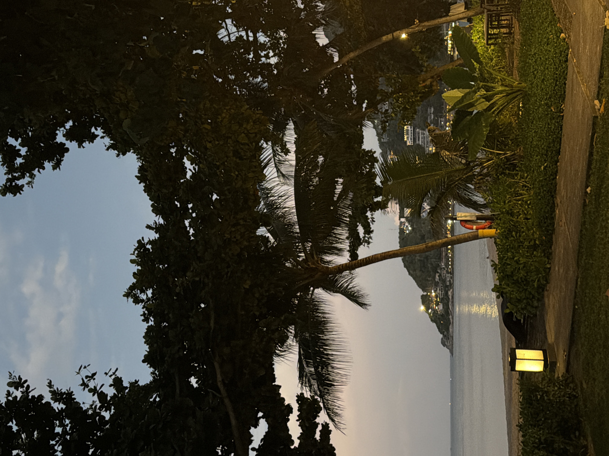 This image depicts a twilight scene at a beach in the Ko Samui District, Thailand. A calm body of water, likely the Gulf of Thailand, is visible, reflecting the dim light. The shoreline is sandy, with a path made of concrete slabs leading through lush green vegetation. To the left of the path, a modern, square lantern with a warm yellow light is illuminated. Dense foliage from large trees frames the upper and right portions of the image, casting shadows. In the mid-ground, a palm tree stands with its fronds fanning out. Further back, a hillside is dotted with buildings and lights, indicating a populated area. The sky is a soft gradient of pale blue and pink hues, suggesting the transition from day to night. No people are clearly visible in the foreground or mid-ground, though there may be indistinct figures on the distant hillside.