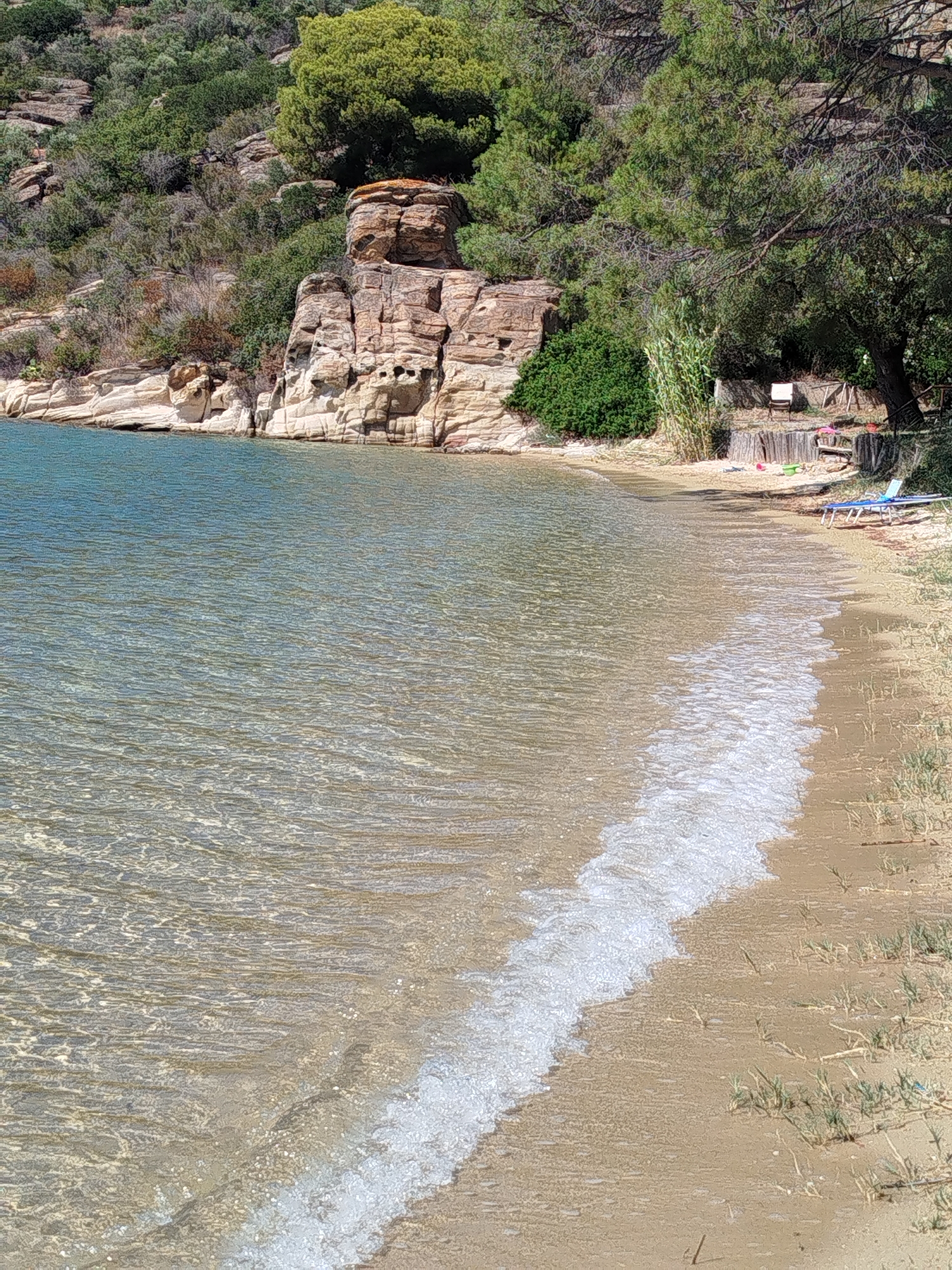The image depicts a serene beach scene in Sithonia Municipal Unit, Greece. The foreground is dominated by clear, shallow turquoise water with gentle waves lapping onto a sandy shore. The water is exceptionally transparent, revealing the sandy bottom beneath. The beach itself is composed of fine sand with sparse green vegetation growing towards the upper right portion of the frame. In the background, a rugged, light-colored cliff face rises, topped with lush green trees and foliage. A prominent rock formation with layered textures sits atop the cliff. Further back, more dense vegetation covers the hillside. On the beach, near the treeline, there are a few beach chairs and some small, colorful objects that may be beach toys. The overall atmosphere is tranquil and natural, suggesting a secluded and undisturbed coastal environment.