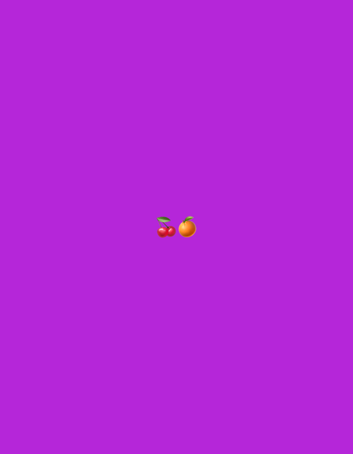 The image is a plain purple background with two emojis of fruit in the center: a pair of cherries and an orange. There is no discernible location in Moscow, Russia.