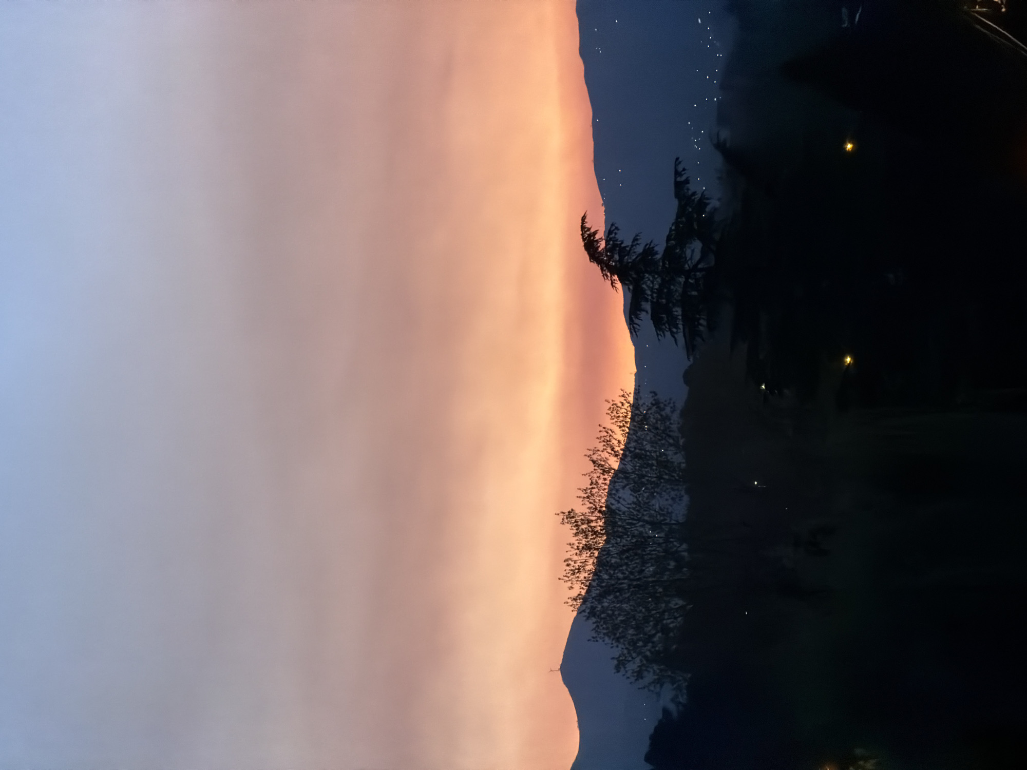 The image depicts a landscape at dusk or dawn. On the left side is a cloud-filled sky with a gradient of colors from pale blue to peach. A silhouetted mountain ridge cuts across the center, topped with silhouetted trees. The right side of the image is darker, with more defined silhouettes of trees and what may be buildings or lights. The image is oriented sideways; when rotated 90 degrees clockwise, it would reveal a more natural perspective. The location appears to be in a natural environment, possibly in the outskirts of Vila Real, Portugal, given the mountainous terrain and presence of vegetation. No people are visible in the image.