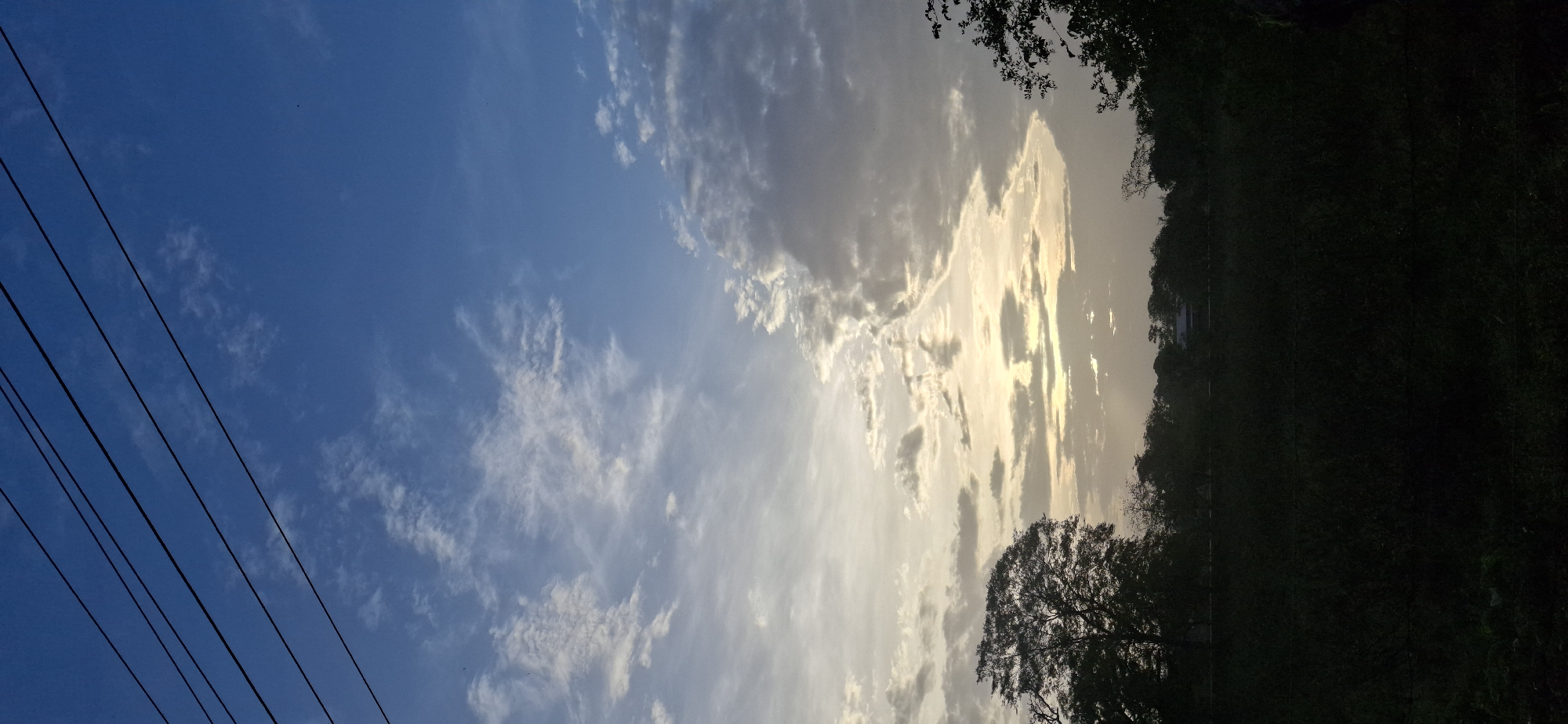 The image shows a sky with a gradient of blues and whites, transitioning from a clear, deep blue on the left to a lighter, cloud-filled area toward the center and right. Power lines are visible in the lower left corner. The right side of the image is dominated by a dark, undefined mass of trees and foliage, with hints of buildings or structures within the greenery. One silhouetted tree stands out more prominently. The sun appears to be behind the clouds, creating a bright, diffused light. The scene is oriented as though the camera is facing upwards, and the sky is above a tree and some power lines. The image does not contain people, objects, actions, or interactions. Based on the details given, this picture was likely taken in Vallecito, Venezuela.