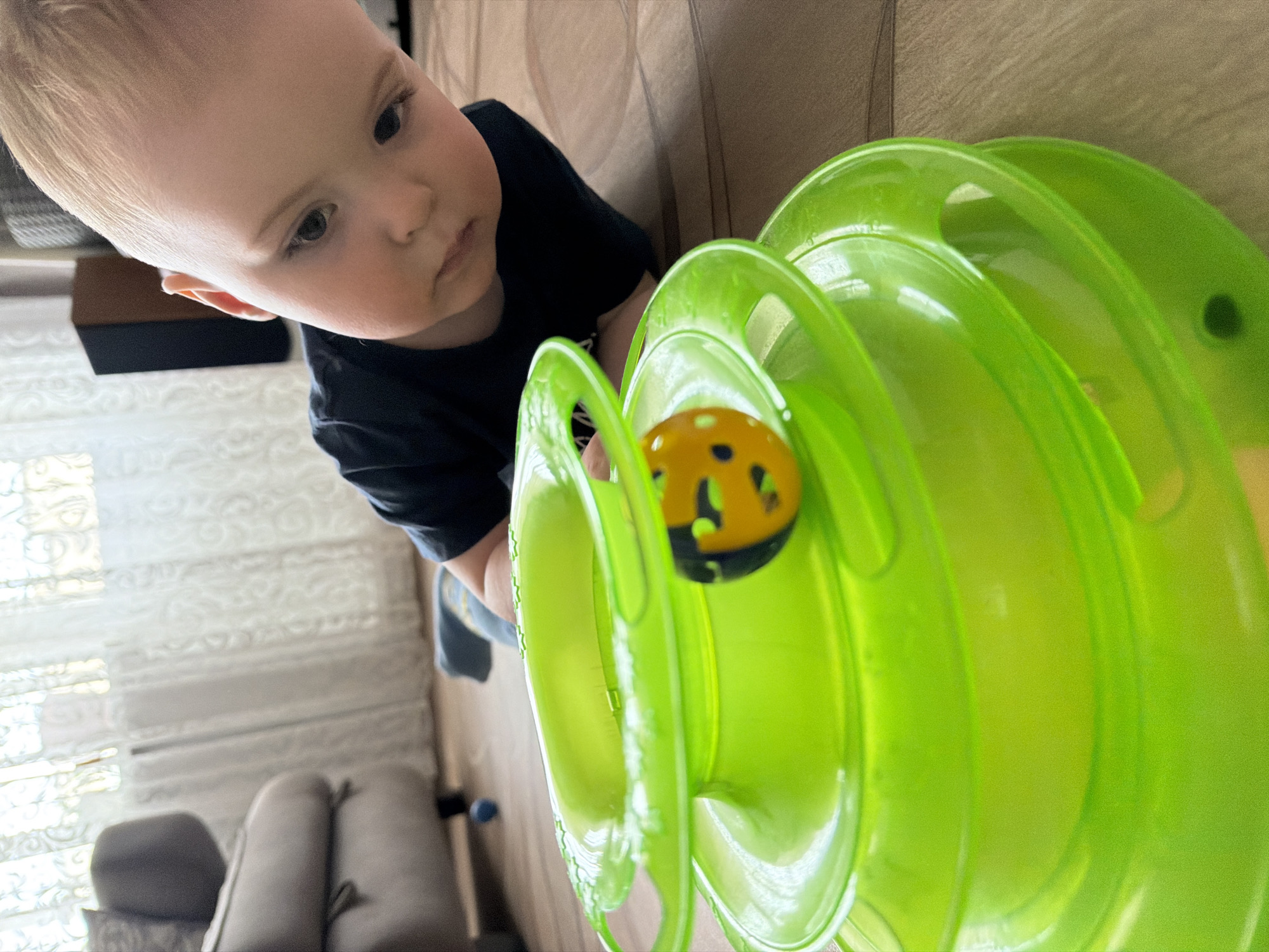A baby in a black t-shirt looks at a green plastic toy with a yellow ball in it. The toy has a multi-tiered circular track. The scene is indoors, possibly in a home, judging by the couch and window blinds in the background. The location is Votkinsk, Russia, but there are no details in the photo to confirm or deny this information. The baby may be playing with the toy.