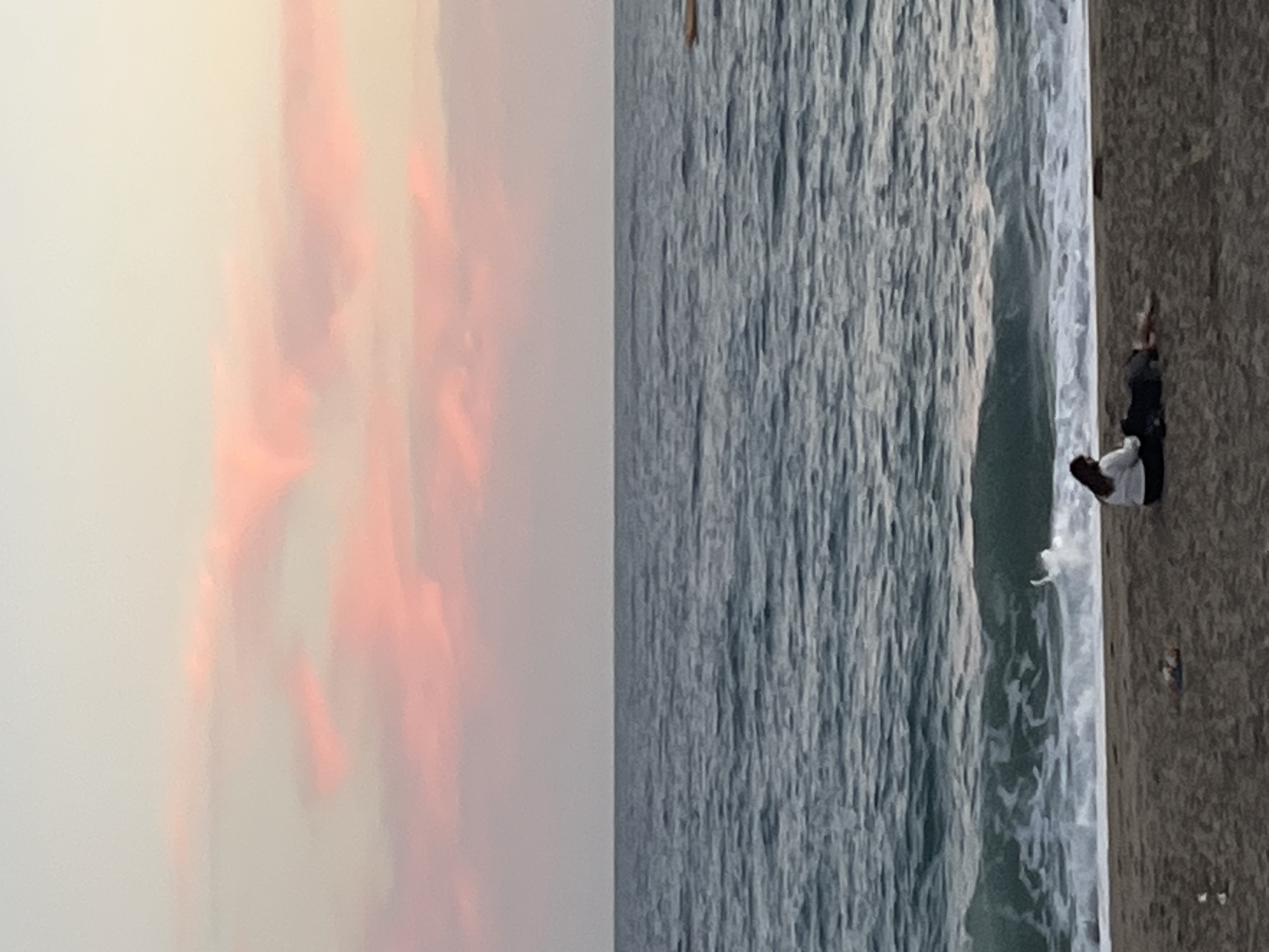 A scenic view of the Mediterranean Sea in Alanya, Turkey during a sunset is captured in this image. The left half of the image displays the sky painted with shades of light gray, pink, and orange during a sunset. The right half of the image shows the blue-gray sea. Near the shoreline, a wave is seen. A person is standing on the sand close to the water.