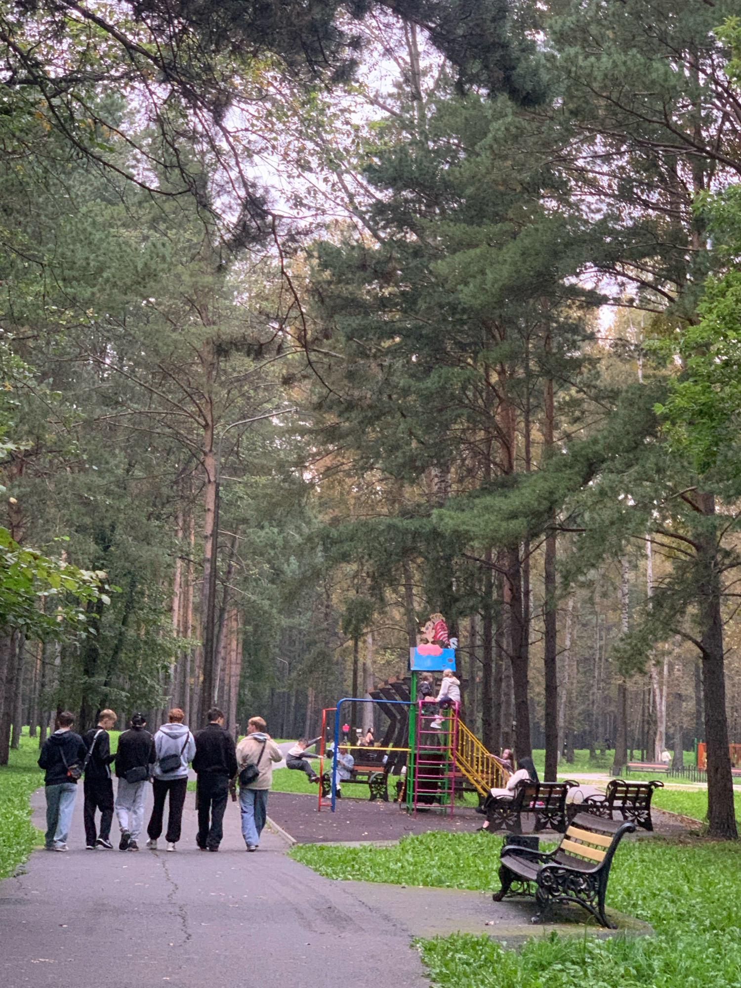 In Prokopyevsk, Russia, a group of six young people walks away from the camera on a paved path through a park. The group consists of four males and two females, all dressed in casual, modern clothing. They are walking in a single file line, with the person on the far left in a black hoodie and grey pants, followed by another in a black hoodie and black pants, then a person in a black hoodie and light grey pants. The fourth person wears a grey hoodie and black pants, the fifth a black hoodie and black pants, and the sixth, on the far right, a beige jacket and blue jeans.
To the right of the path, a children's playground is visible. It features a multi-colored slide structure with a yellow slide and green steps, and a smaller blue structure with a pink and yellow slide. Several children are present on the playground, including one climbing the slide and another sliding down. Behind the playground, several people are seated on park benches, appearing to observe the children.
The park is characterized by a dense forest of tall pine trees, with a light-colored sky visible through the branches. The ground is covered with lush green grass. The overall impression is a pleasant, overcast day in an urban park.