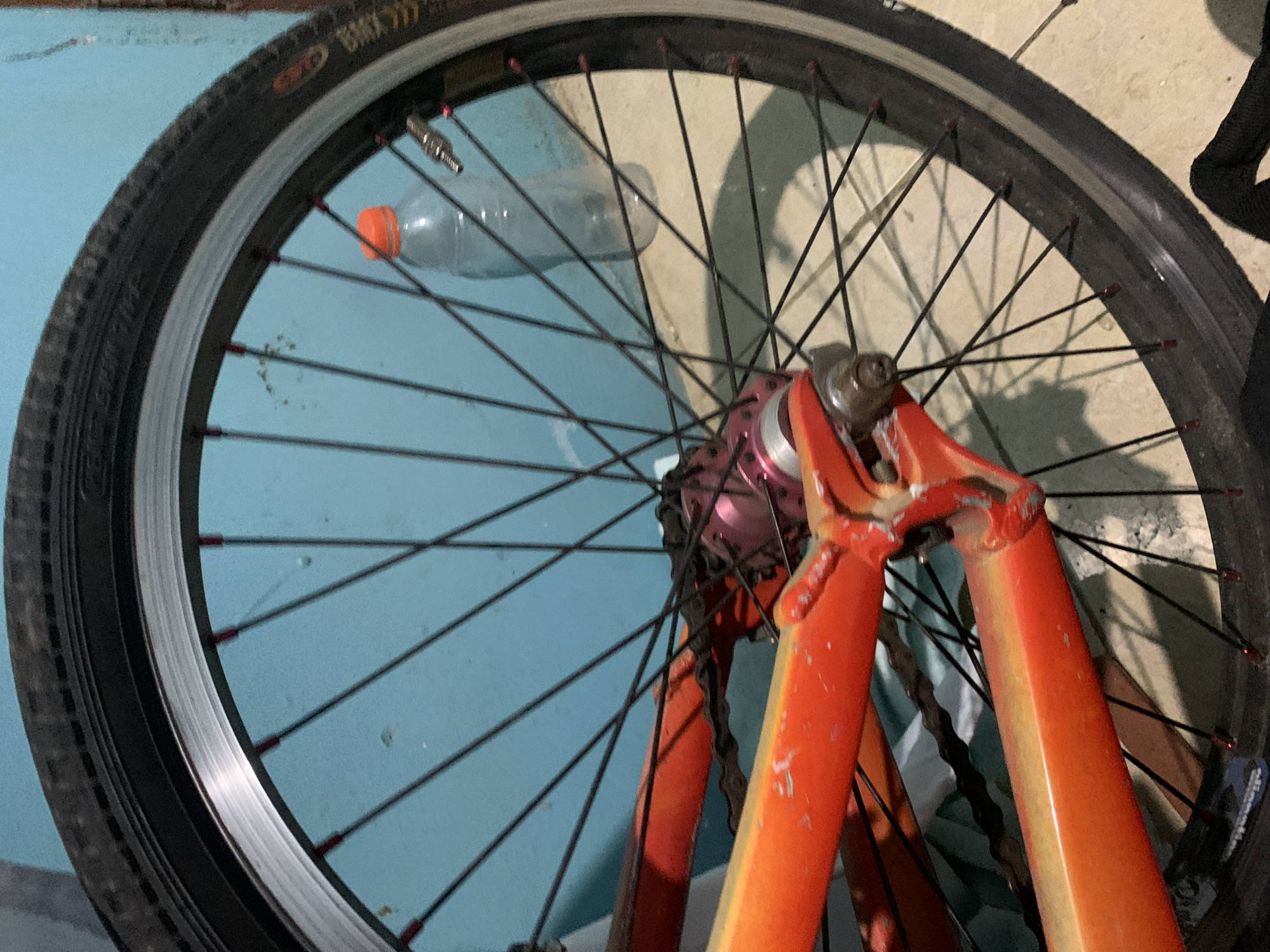 The image shows a close-up of a bicycle wheel. The tire is black with a silver rim. Black spokes connect the rim to a pink hub. The bicycle's orange fork is partially visible. A clear plastic bottle with an orange cap is positioned within the wheel spokes. The background consists of a blue wall on the left and a beige surface on the right. The location of the image is not apparent. There are no people visible.