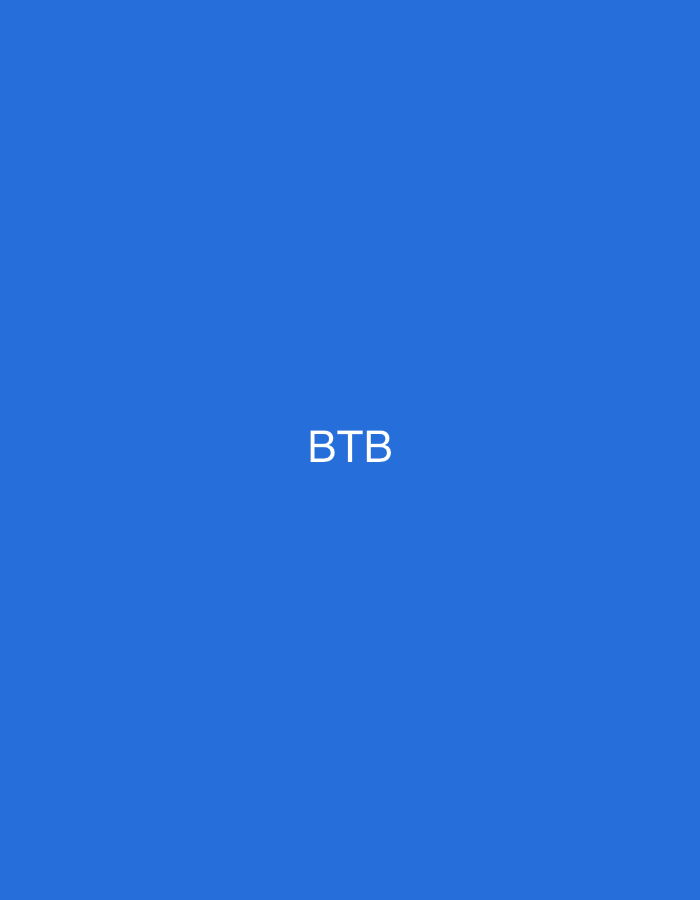 The image features a solid, uniform blue background. Centered vertically and horizontally against this plain field, the uppercase white text "BTB" is displayed. No other visual elements, such as people, physical objects, or environmental details, are present within the frame. The composition represents a minimalist digital graphic or textual overlay, situated in the city of Casablanca, Morocco.