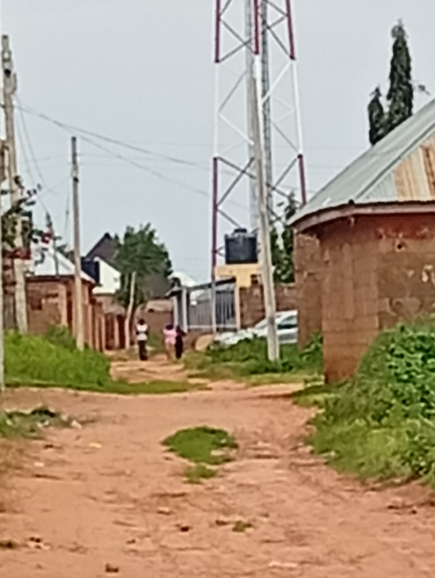 The image depicts a dirt road in a rural or semi-urban area. In the foreground, the road is a reddish-brown color, with some scattered debris and patches of green vegetation on the sides. Further down the road, three individuals are walking away from the camera. The person in the lead appears to be wearing a white top and dark pants, followed by two individuals wearing dark and pink tops respectively.
On the right side of the road, there is a building constructed with reddish-brown bricks or mud. The building has a corrugated metal roof and appears to be a dwelling or a small shop. Further back on the right, another building with a similar roof is partially visible.
On the left side of the road, there are more buildings, also appearing to be made of mud or brick with metal roofs. One building has a white upper section with a dark roof. Utility poles with wires run along the left side of the road.
In the background, a tall, white and red lattice tower, likely a telecommunications tower, is prominently visible. To the right of the tower and behind the buildings, several tall, dark green trees stand out against the overcast sky. A black water tank is mounted on a yellow structure near the utility pole on the left. The overall environment suggests a modest settlement, potentially in or around Tumfure, Nigeria.