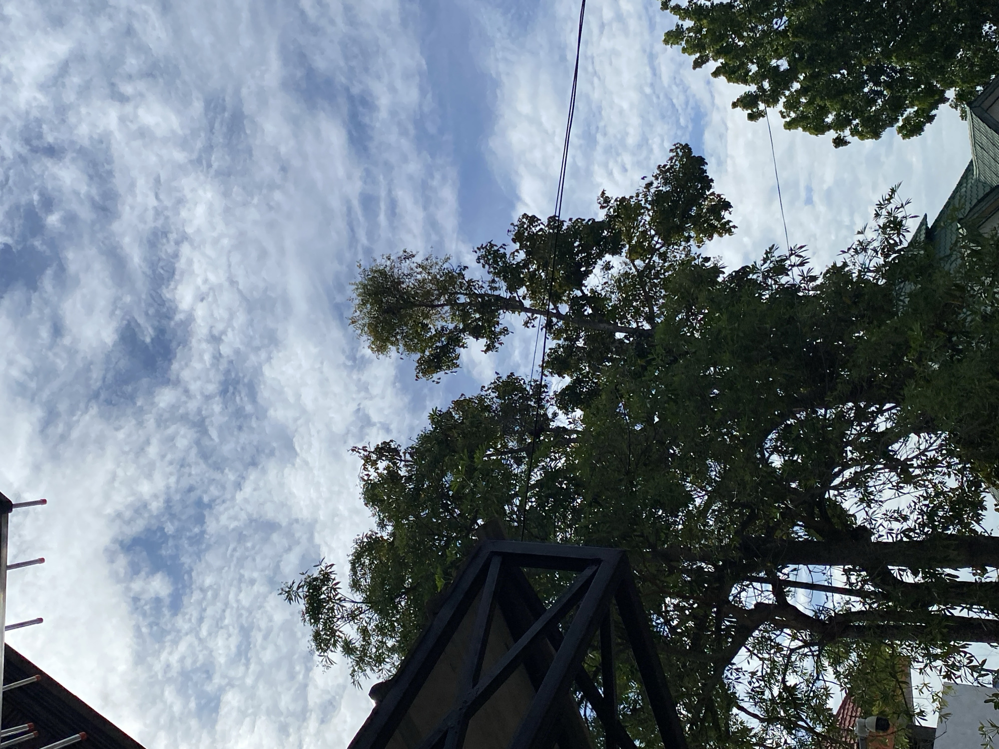 The image captures a view looking upwards towards a cloudy sky, partially obstructed by the foliage of several trees and a dark, angular overhead structure, possibly a balcony or roof extension. In the distance, power lines stretch across the frame. The sky is a bright blue with a textured layer of white clouds, some wispy and others more substantial, suggesting a partly cloudy day. The trees are lush and green, with dense canopies that filter the sunlight. A portion of a building with a dark green roof is visible at the bottom right, and to the left, a part of a building with a red tiled roof and a white wall with a security camera can be seen. The scene appears to be set in a residential or semi-urban area. No people are visible in the image. The image does not contain sufficient information to determine a specific location within Banda Aceh, Indonesia.