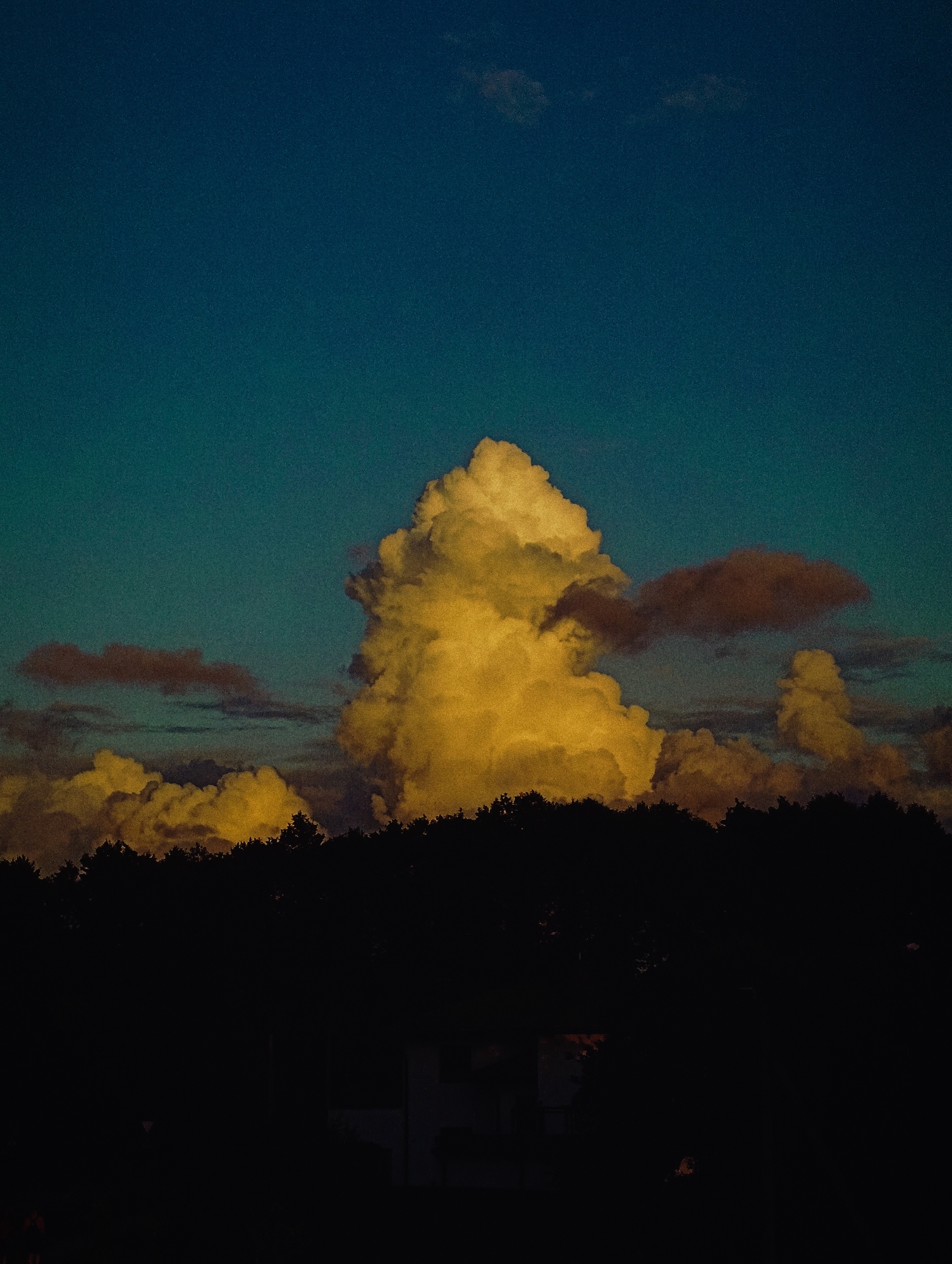 This is a vertical, low-angle, outdoor photograph taken at dusk in Minsk, Belarus. The sky is a deep, dark teal, with a large, dramatically lit cumulonimbus cloud dominating the center of the frame. This cloud is illuminated with a vibrant golden-yellow light, suggesting it is catching the last rays of the setting sun. Smaller, darker clouds are scattered around this central formation.
Below the sky, a silhouette of a dense line of trees forms a dark, undulating horizon across the middle ground. The trees appear to be deciduous, with a thick, dark canopy. In the lower portion of the image, a dark, silhouetted landscape is visible, with hints of structures that appear to be buildings, though they are too obscured by shadow to discern details. One structure in the lower center appears to be a two-story building with a light-colored facade, possibly a house or small apartment building. The overall mood is atmospheric and somewhat dramatic, due to the contrast between the bright cloud and the dark foreground and sky. There are no visible people or animals in the image. The image has a grainy texture, typical of underexposed or high-ISO photography.