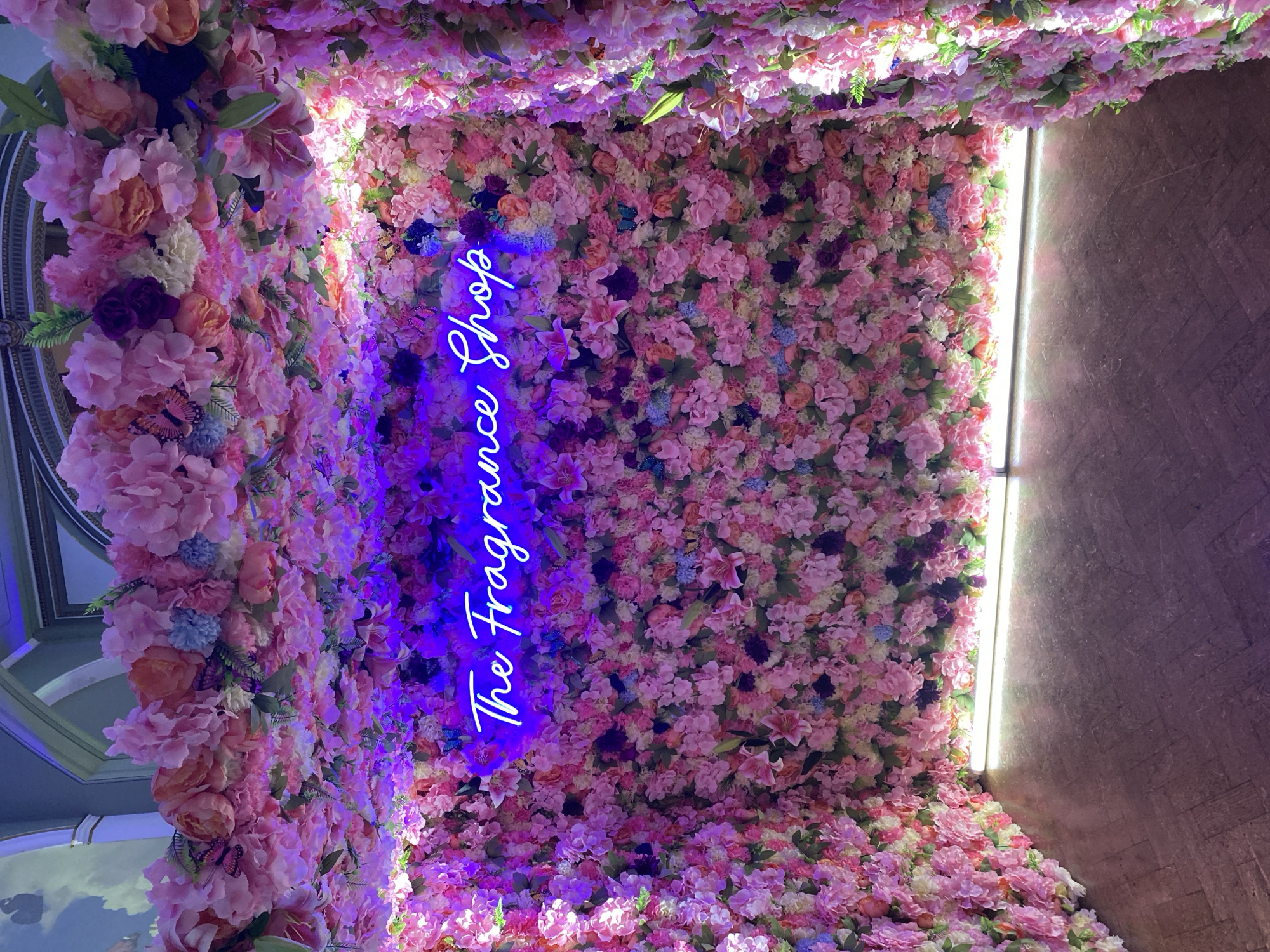 This image captures a vibrant, vertically oriented view of an interior space lavishly decorated with artificial flowers. The walls and ceiling are entirely covered in a dense arrangement of blooms, primarily in shades of pink, ranging from soft pastels to deeper fuchsia. Interspersed among the pink are touches of purple, orange, white, and light blue flowers, along with green foliage, creating a rich, textured floral tunnel effect.
Several decorative butterflies, in shades of blue and orange, are strategically placed amongst the flowers, adding to the whimsical atmosphere. Running down the center of the floral display is a bright blue neon sign, glowing intensely and casting a blue hue onto the surrounding petals. The sign reads "The Fragrance Shop" in an elegant, flowing script font.
To the right of the floral wall, a contrasting dark, possibly stone or concrete, wall is visible, with a long, vertical strip of bright white light illuminating the edge of the floral arrangement. On the far left, a glimpse of a more ornate, possibly white or light-colored, architectural detail or molding can be seen, suggesting an entrance or archway leading into or out of the floral tunnel.
The lighting is artificial and bright, highlighting the intricate details and colors of the flowers and the luminescence of the neon sign. The scene appears to be a decorative installation, likely designed for aesthetic appeal, possibly serving as an entrance or feature within a retail space, specifically a fragrance shop in London, United Kingdom. There are no people visible, and no specific event is taking place, only the static display of the floral decor and the illuminated sign.