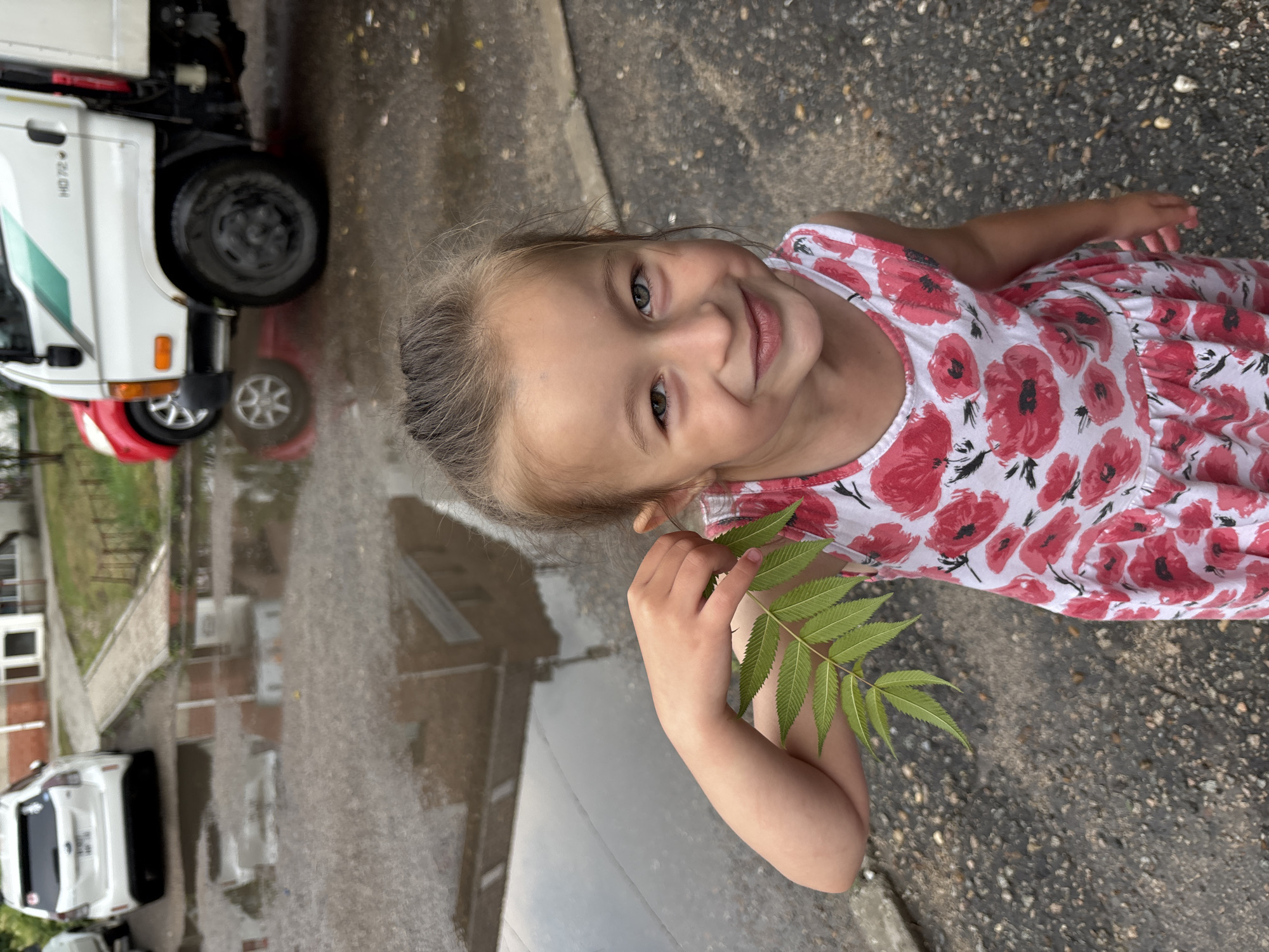 A young girl with blonde hair in a messy bun and a floral dress is standing outside in what appears to be a city street after a rain. She is holding a green leafy branch in her right hand. Her dress is white with a pattern of red poppies. She is smiling and looking directly at the camera. In the background, there are cars, including a white Prius and a white truck with a red vehicle behind it, and reflections in puddles on the ground. The environment suggests an urban setting in Blagoveshchensk, Russia.