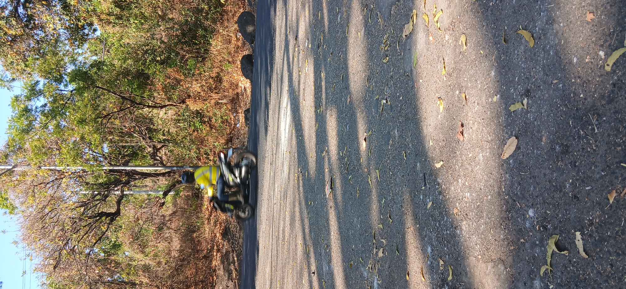 In Banyuglugur, Indonesia, a person wearing a yellow safety vest and a helmet is riding a black scooter on a paved road. The scooter is in motion, indicated by motion blur on the wheels and body. The road is lined with trees and foliage, with dry leaves scattered on the asphalt. The sun casts shadows across the road, suggesting it is daytime. The background consists of trees and vegetation, with a clear blue sky above.