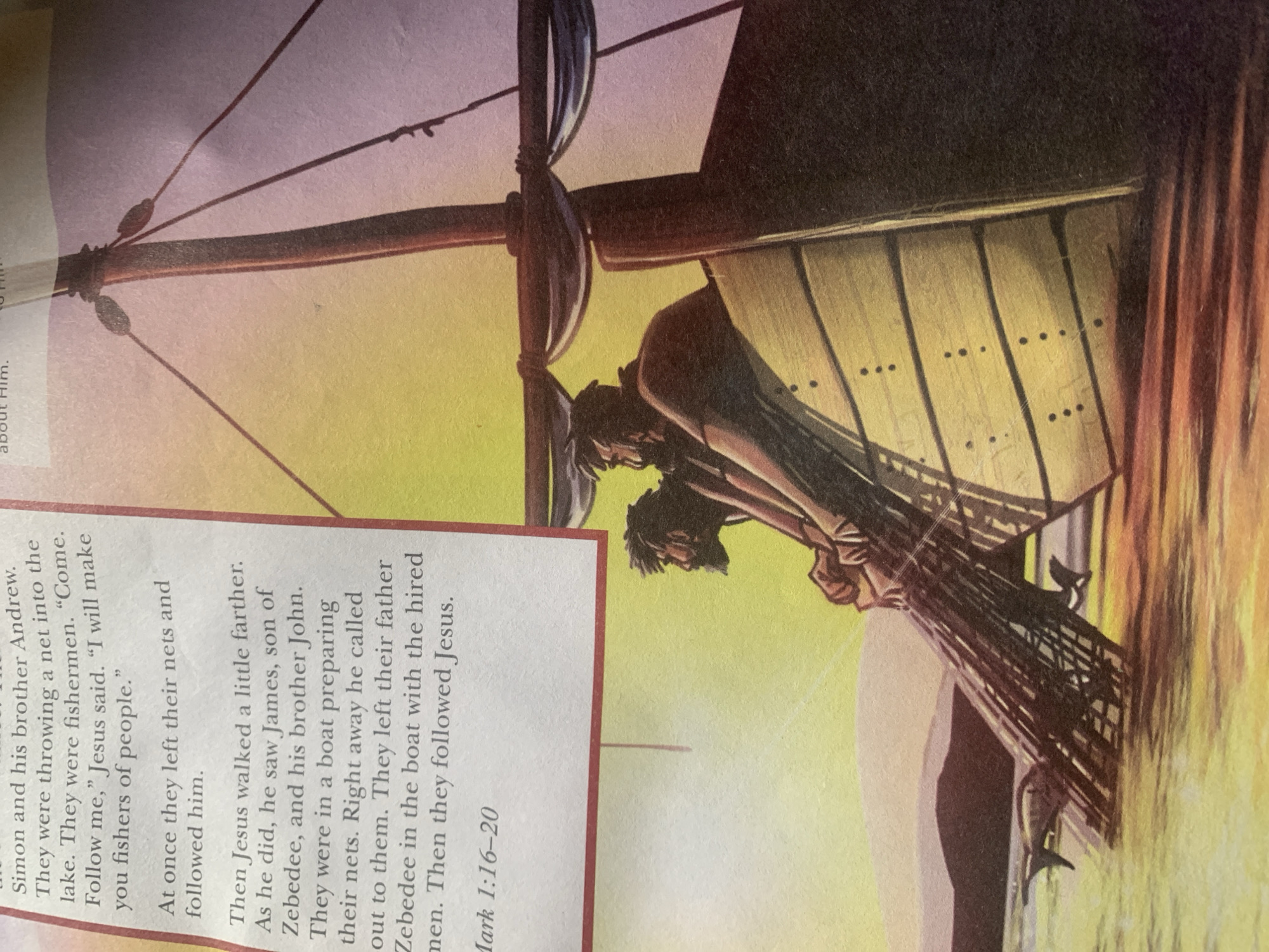 This image is a religious illustration depicting a scene from the Bible, specifically the calling of the disciples. The text on the left side of the image reads: "Simon and his brother Andrew. They were throwing a net into the lake. They were fishermen. “Come. Follow me,” Jesus said. “I will make you fishers of people.” At once they left their nets and followed him. Then Jesus walked a little farther. As he did, he saw James, son of Zebedee, and his brother John. They were in a boat preparing their nets. Right away he called out to them. They left their father Zebedee in the boat with the hired men. Then they followed Jesus. Mark 1:16–20". The illustration itself shows two men in a boat, presumably fishermen, with nets. One man is in the foreground, leaning over the side of the boat, with his back to the viewer. Another man is seated behind him. The boat is on a body of water, with a mast and rigging visible. The background depicts a sunset over hills. There is no information in the image or accompanying text that indicates any relation to Jauro Yinu, Nigeria.